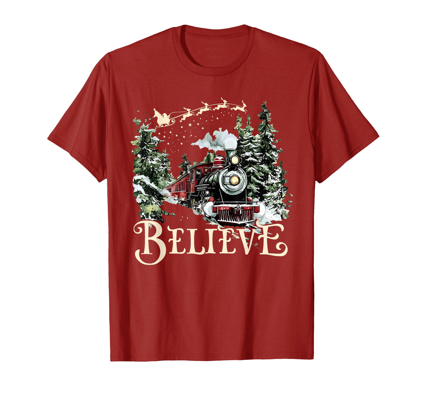 Believe Christmas Trains Xmas Santa Family Pajamas Holiday T-Shirt