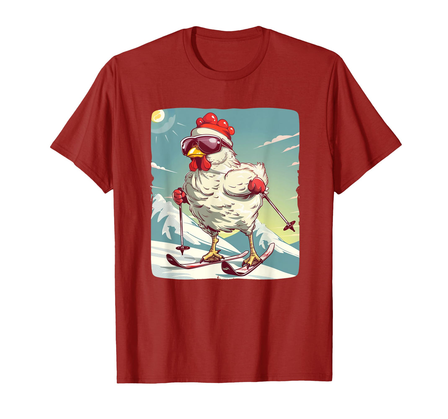 Funny Winter Chicken with Cross-country skiing Shoes Outfit T-Shirt