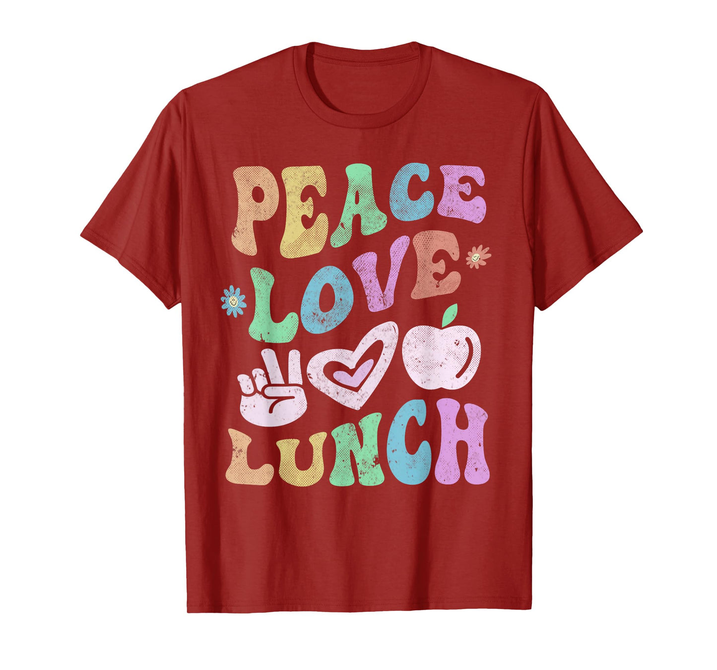 Vintage PEACE LOVE LUNCH LADY Retro Cafeteria Groovy Crew T-Shirt