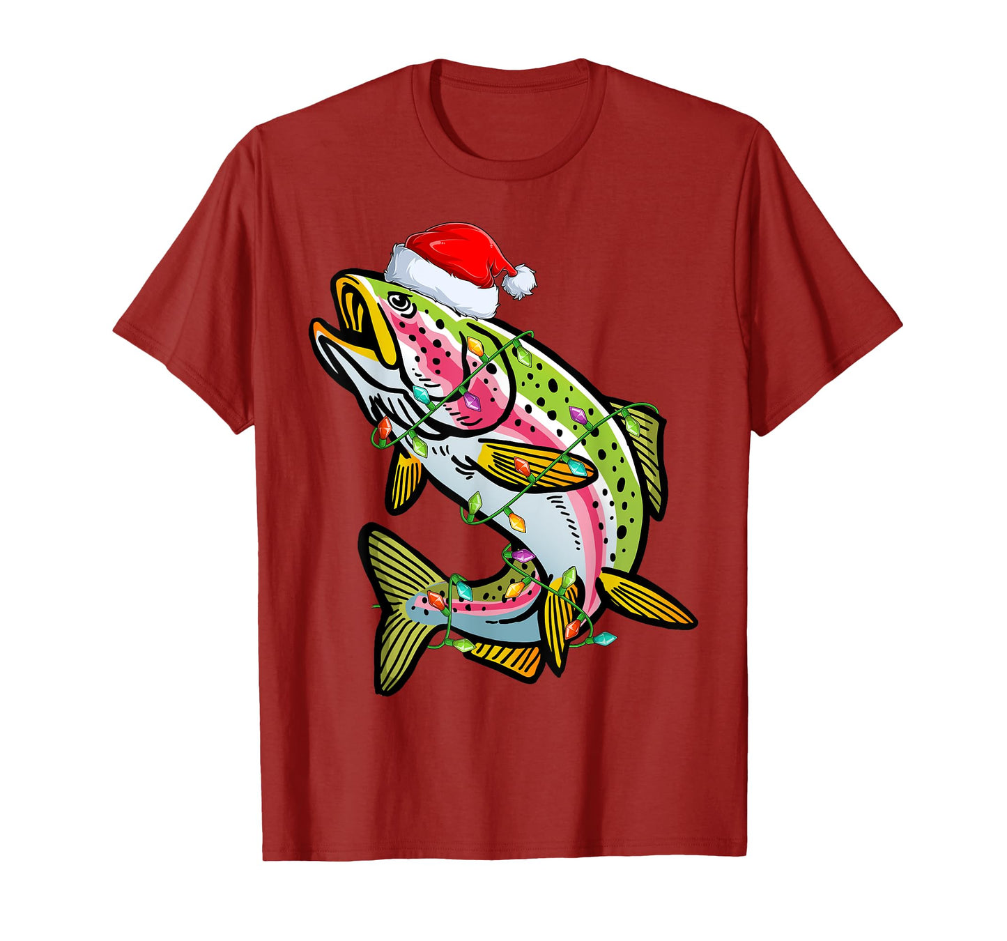 Xmas Lights Santa Hat Rainbow Trout Fish Christmas T-Shirt