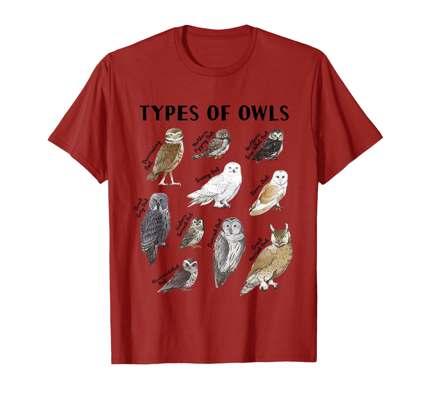 Types of Owls Educational Collection Cute Owl Lover T-Shirt