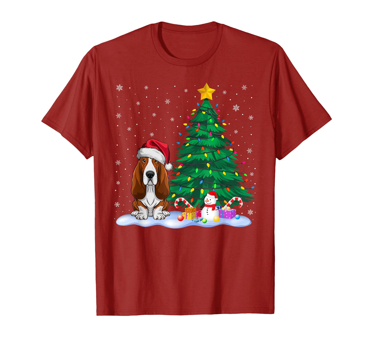 Basset Hound Dog Xmas Tree Lights Reindeer Hat Christmas T-Shirt for Men Women Kids