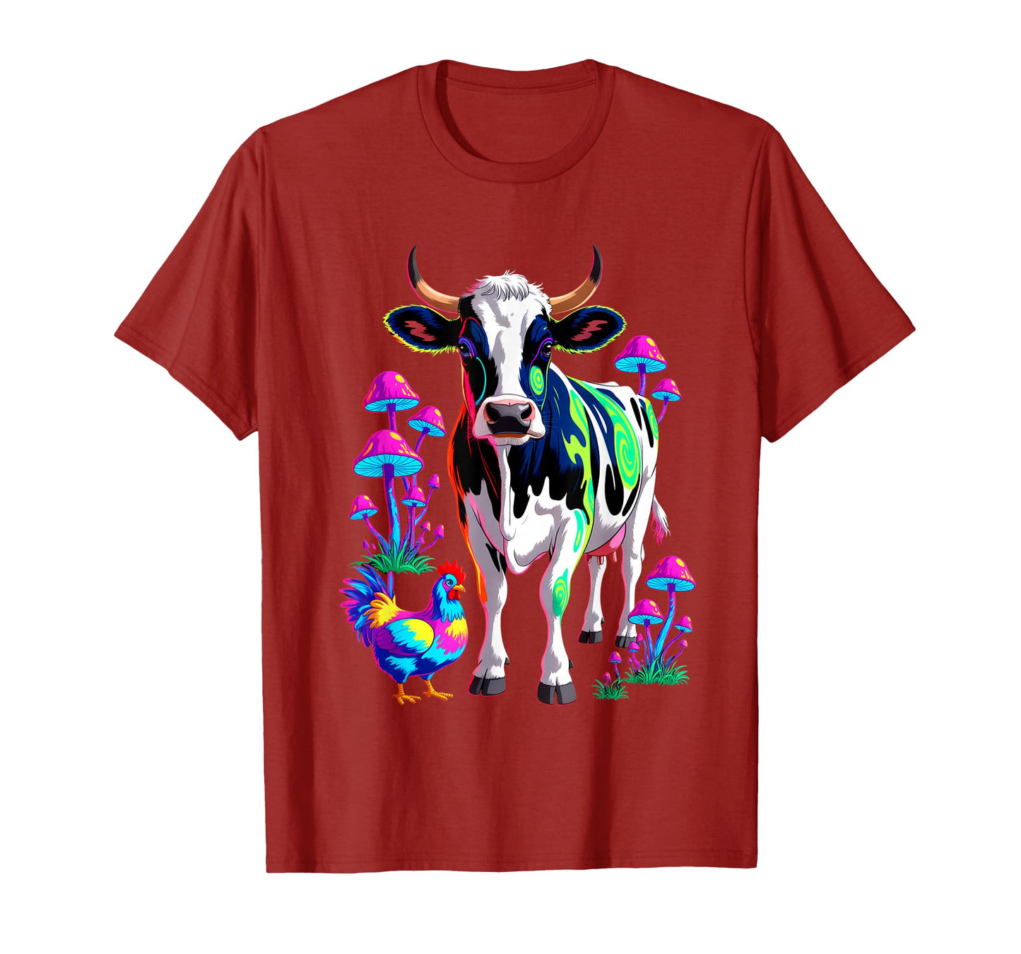 Psychedelic Cow Chicken Mushrooms Farm Animal Art T-Shirt