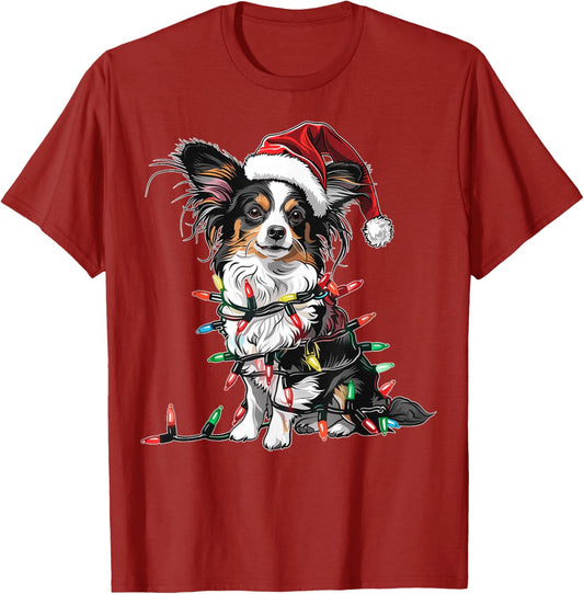 Cute Papillon Dog Christmas Hat Xmas T-Shirt - Cute Papillon Dog Christmas Hat Xmas Gifts - Unisex-Kids, Unisex-Adults - Red - Small - Short Sleeve - T-Shirt