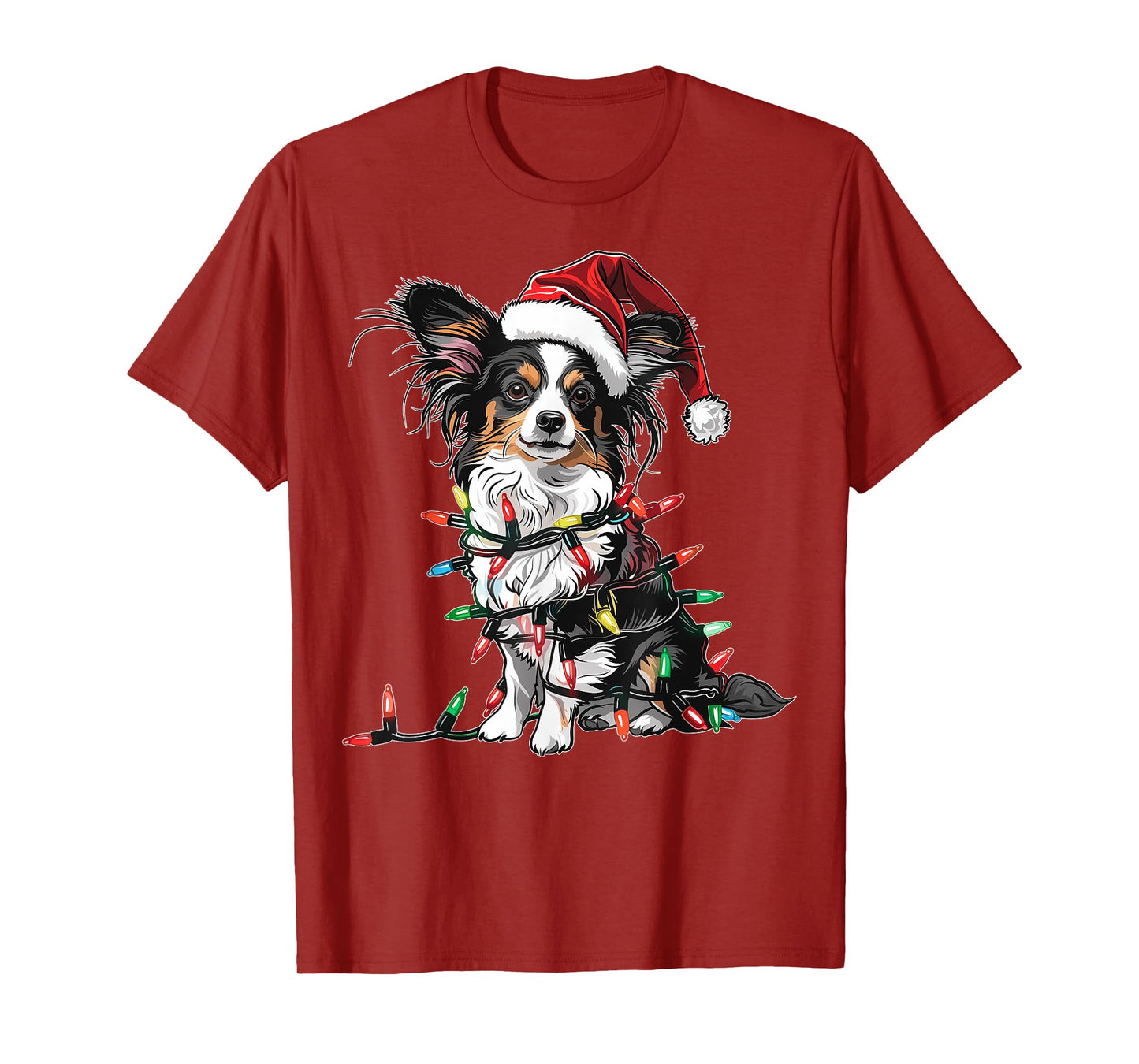 Cute Papillon Dog Christmas Hat Xmas T-Shirt - Cute Papillon Dog Christmas Hat Xmas Gifts - Unisex-Kids, Unisex-Adults - Red - Small - Short Sleeve - T-Shirt