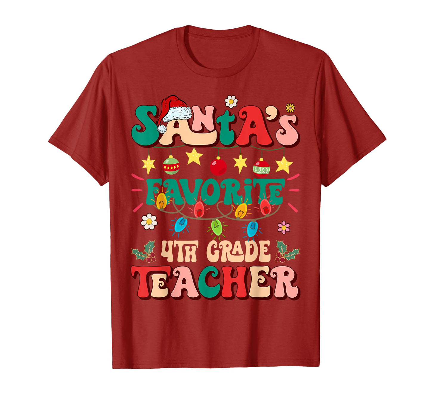 Retro Groovy Santa's Favorite 4th Grade Teacher Christmas T-Shirt