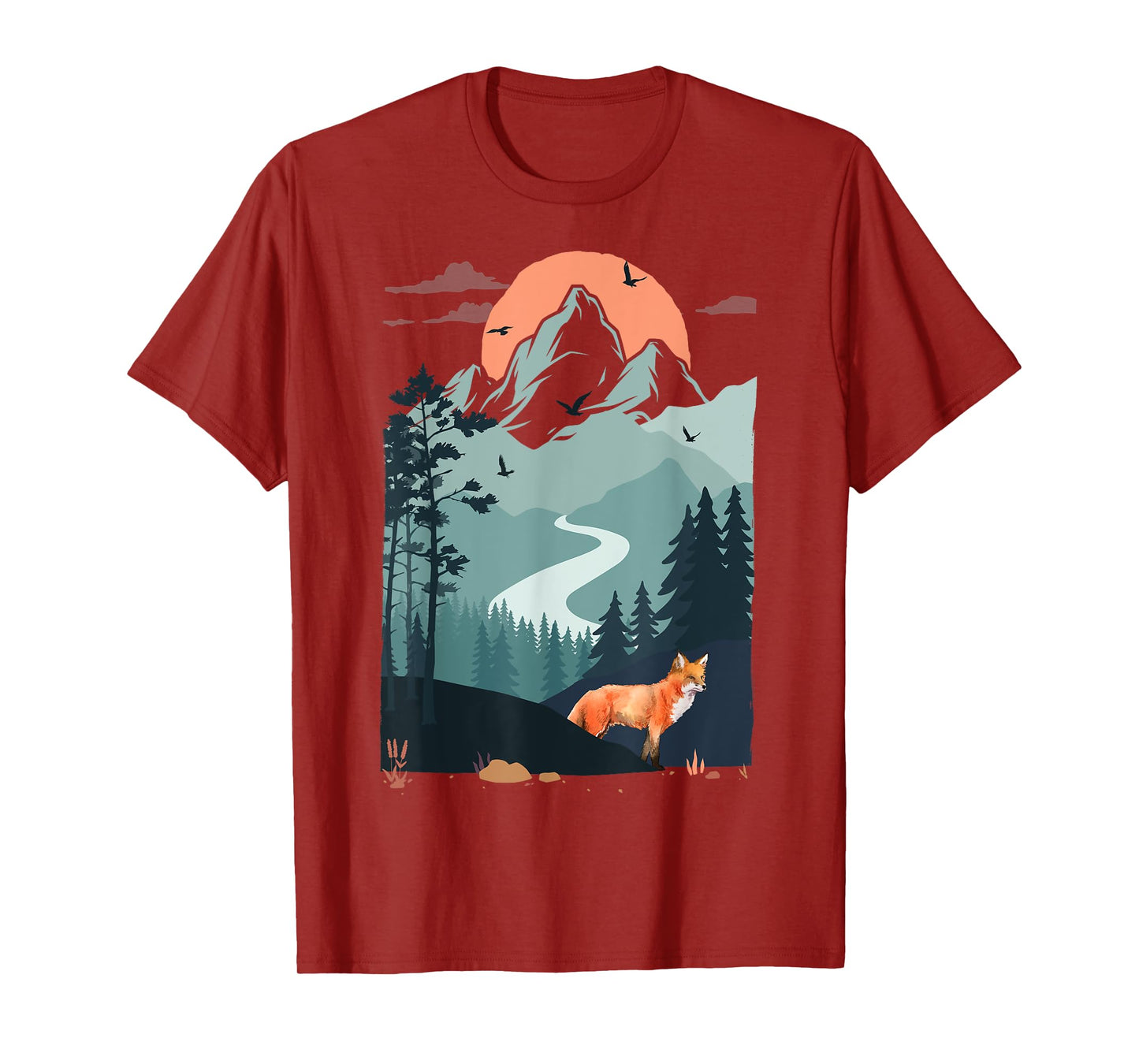 Mountain sunset Pine Tree Bird flying sky Red Standing Fox T-Shirt