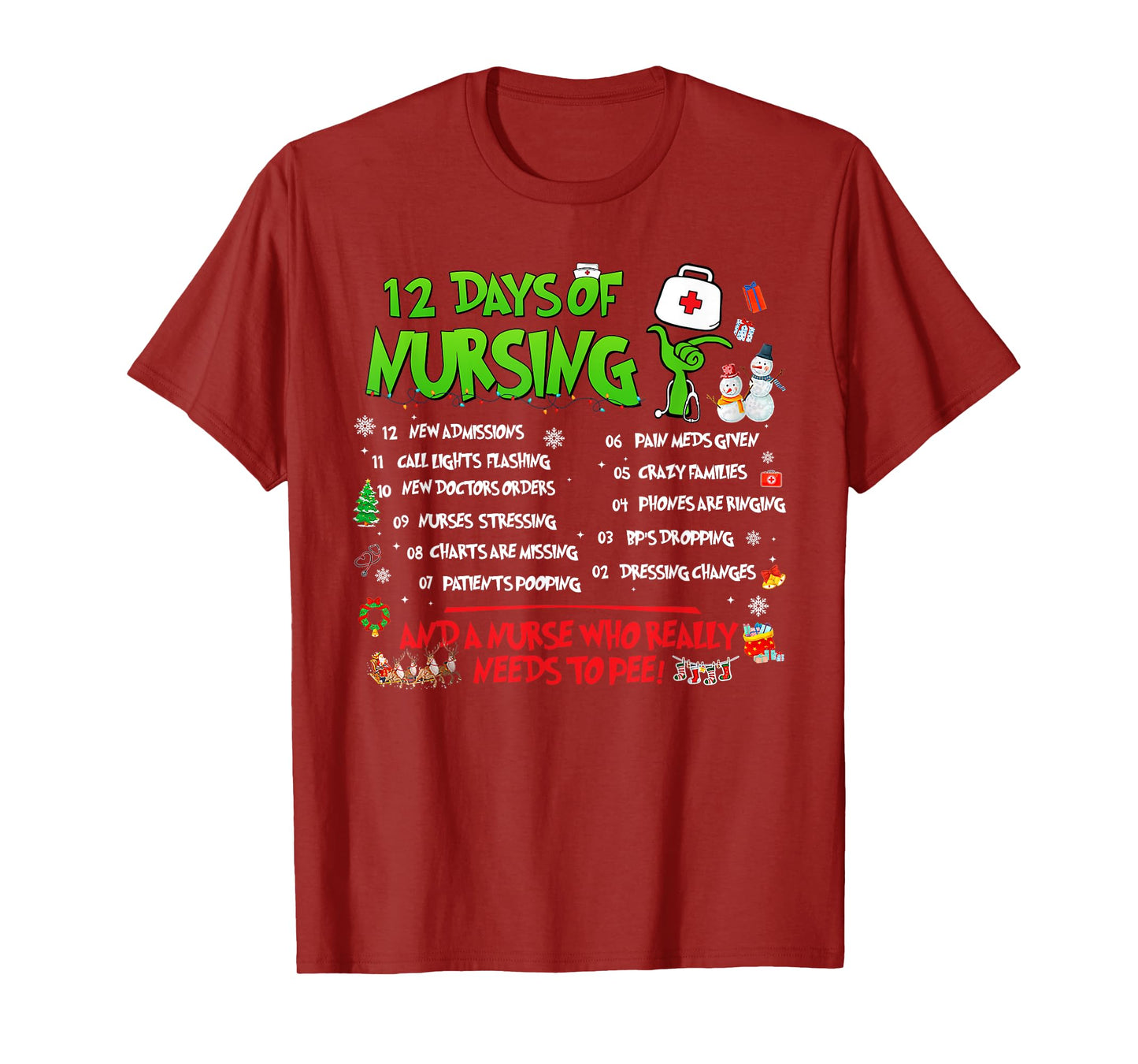 Nurses Merry Christmas Funny 12 Days of Nursing Xmas Pajamas T-Shirt