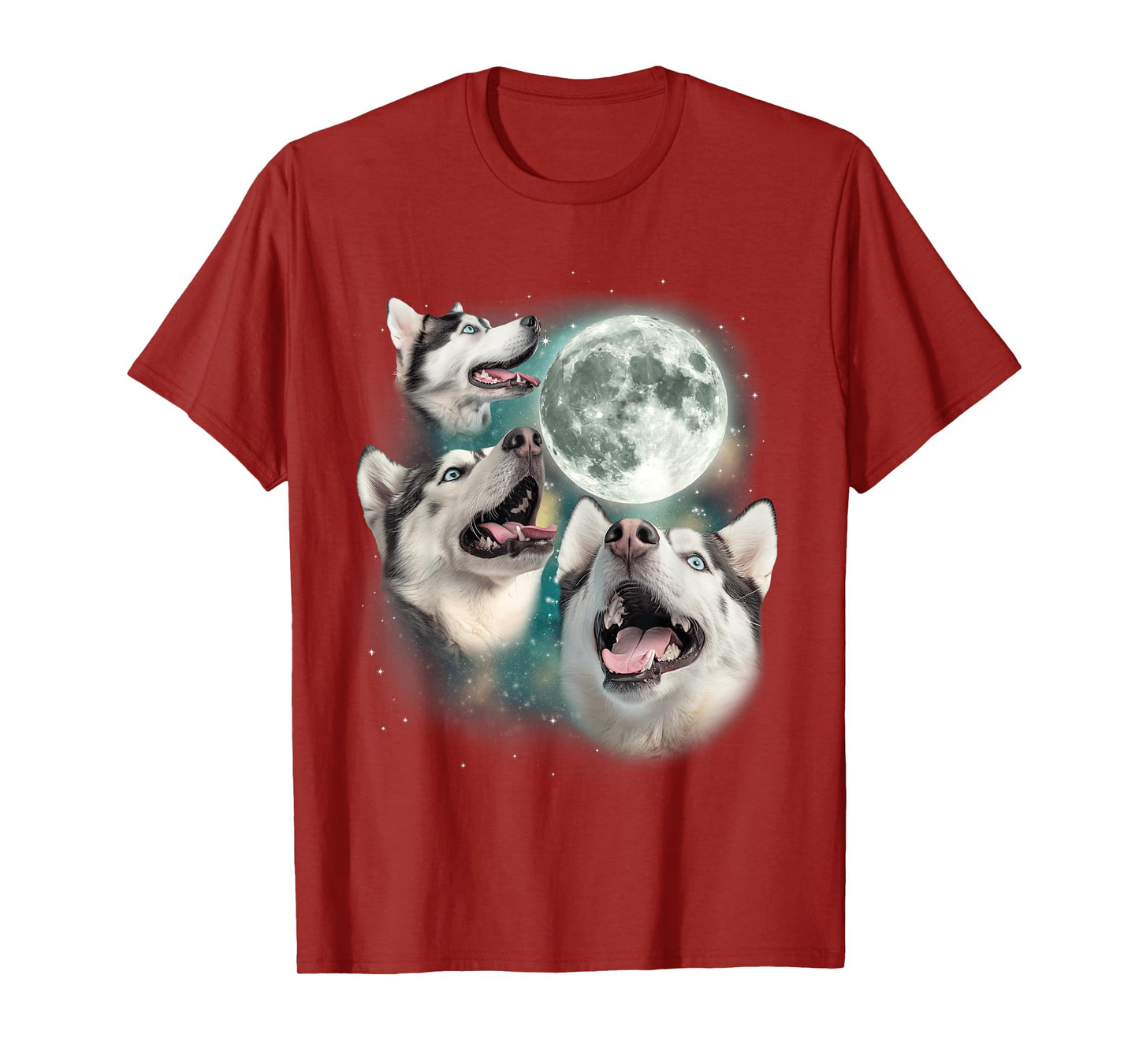 Three Siberian Huskys | 3 Arctic Dogs Howling Under The Moon T-Shirt