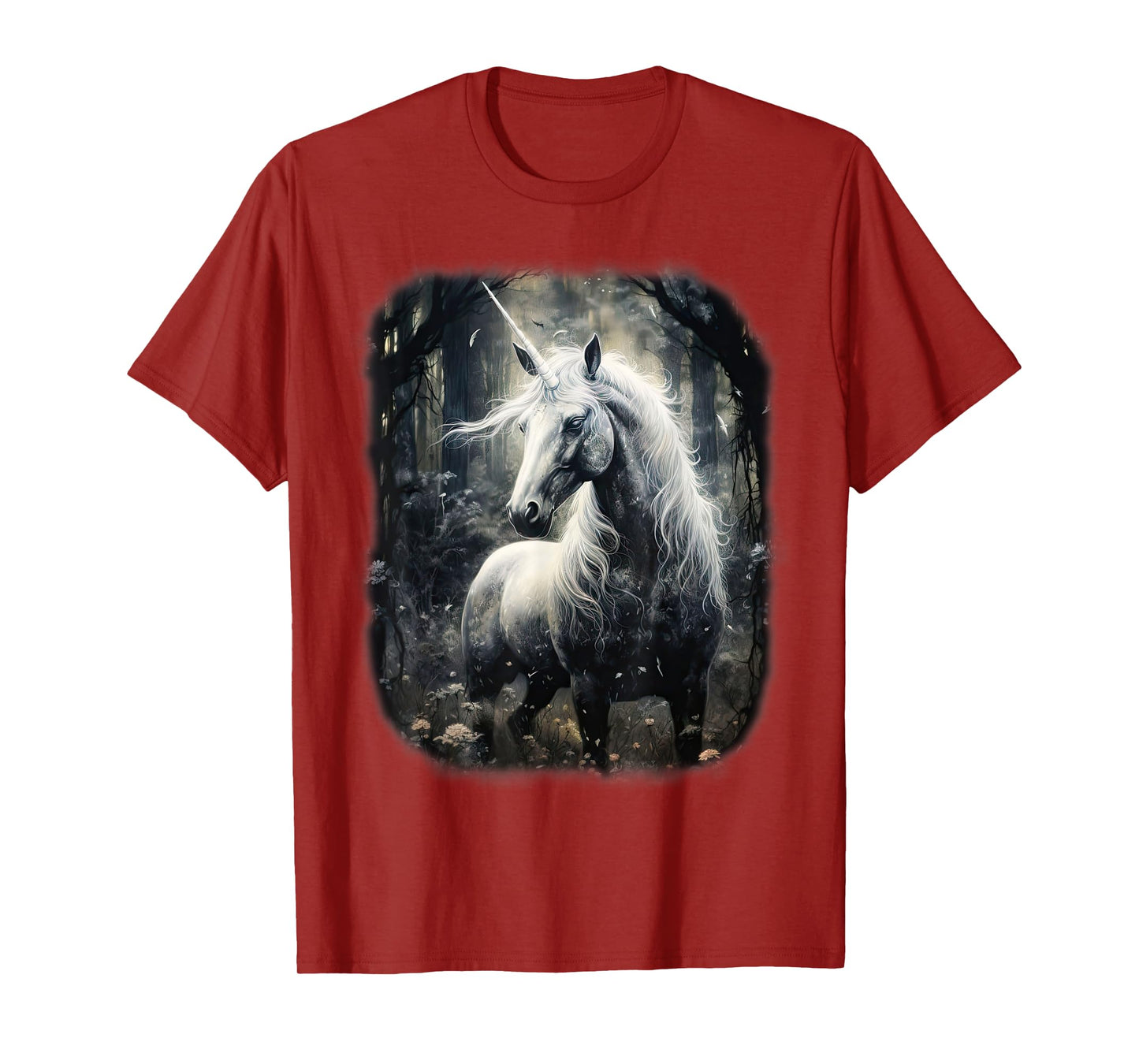 Fantasy white Unicorn standing in a Forest T-Shirt