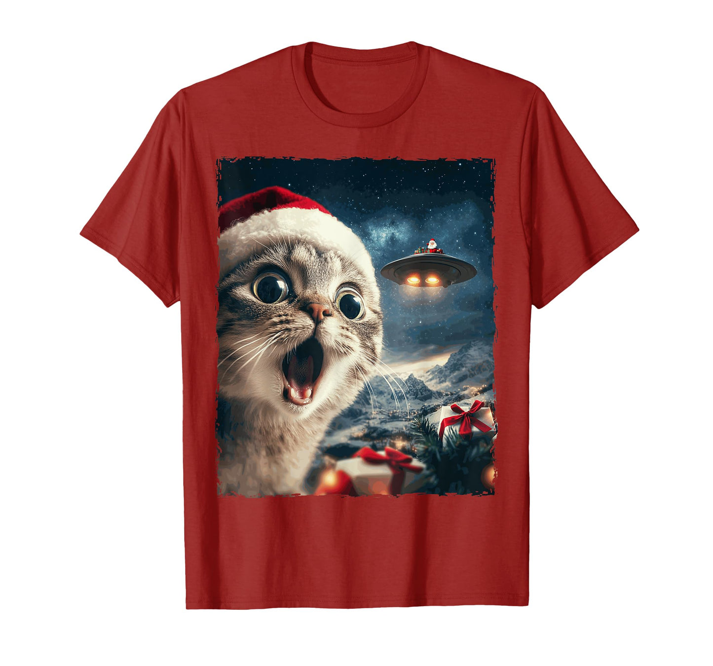 Funny Cat Selfie Santa Ufo Xmas Christmas Men Women Kids T-Shirt