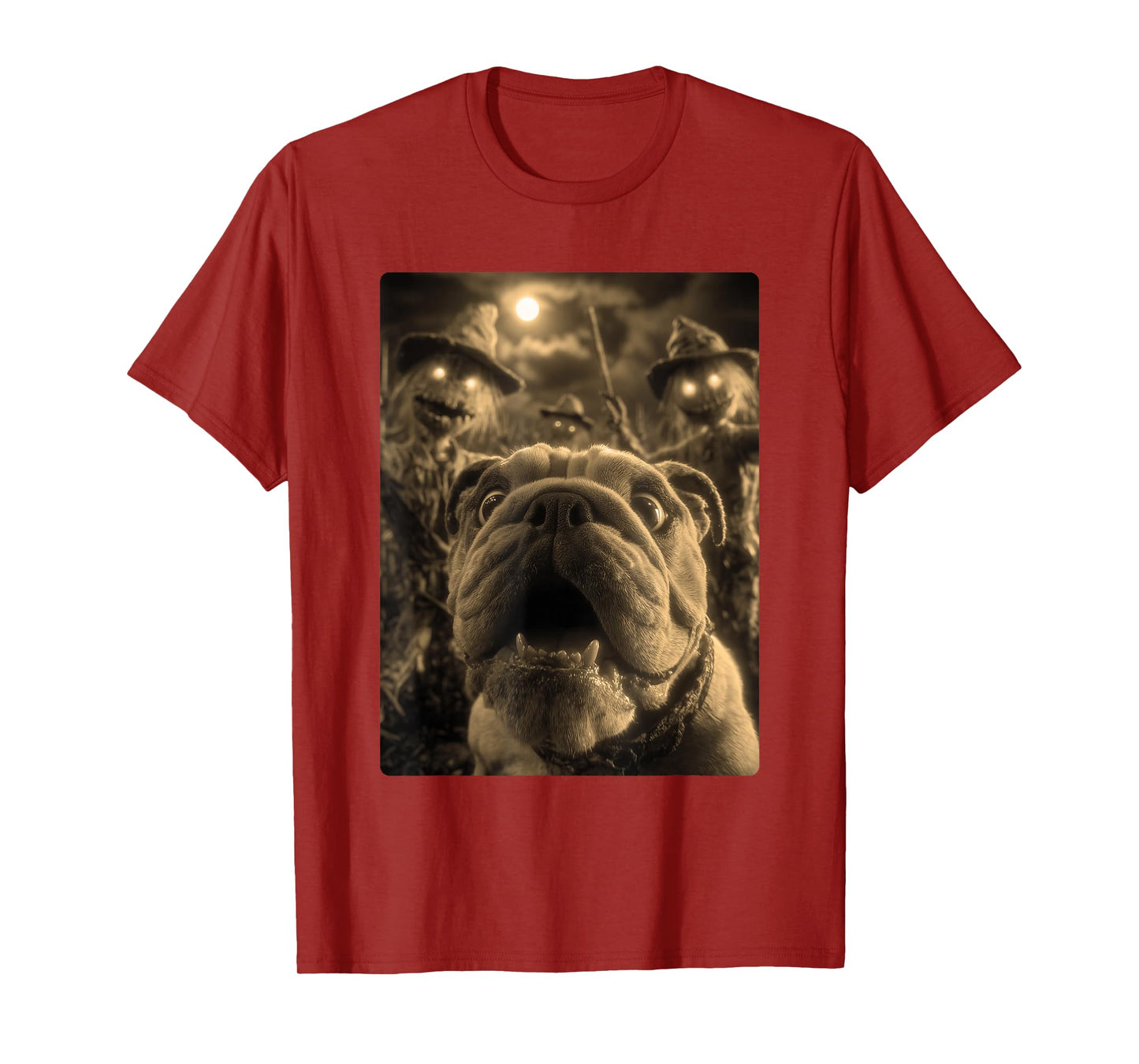 Vintage Bulldog Selfie with Spooky Scarecrows Halloween Dog T-Shirt