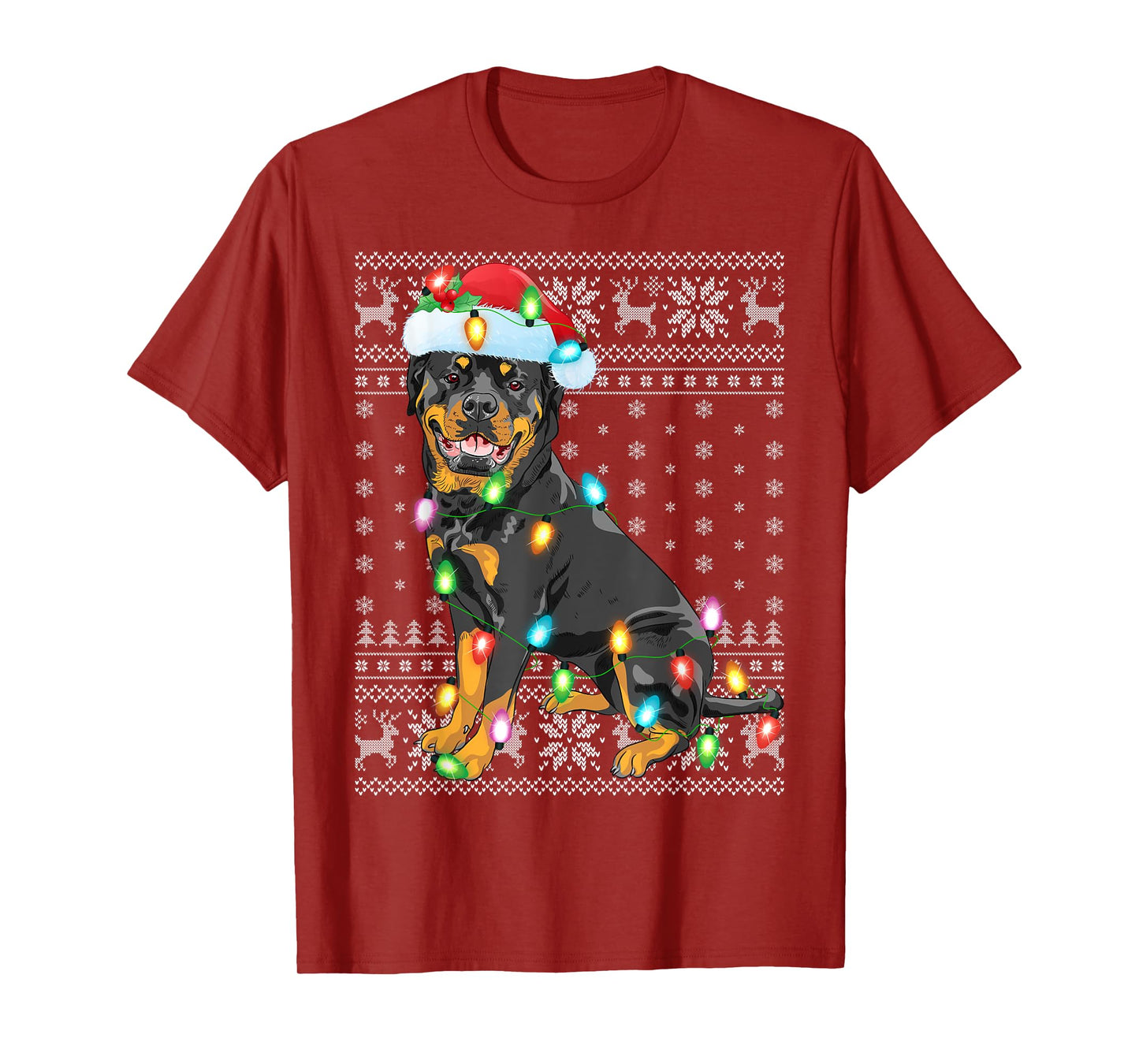Ugly Sweater Xmas Lights Santa Hat Rottweiler Dog Christmas T-Shirt