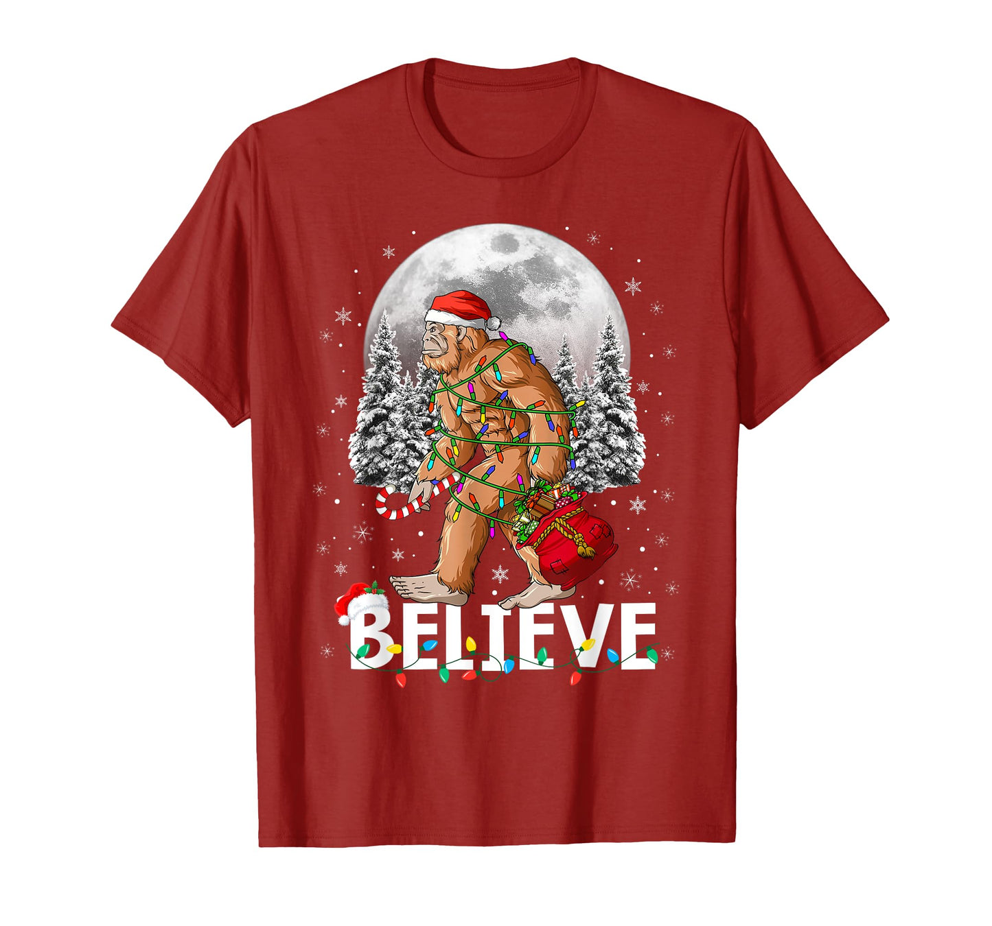 Santa Bigfoot Christmas Lights Funny Sasquatch Believe Xmas T-Shirt