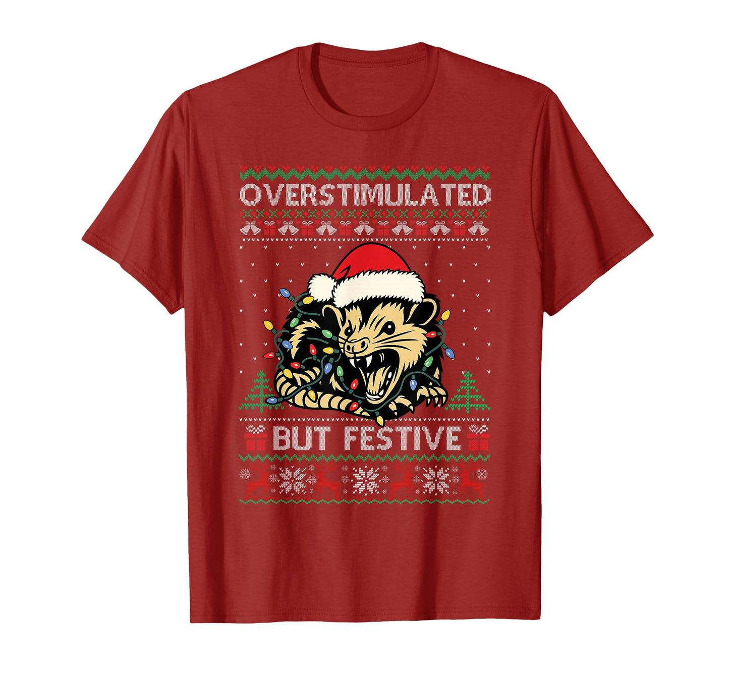 Overstimulated But Festive Possum Christmas Pajamas Ugly T-Shirt