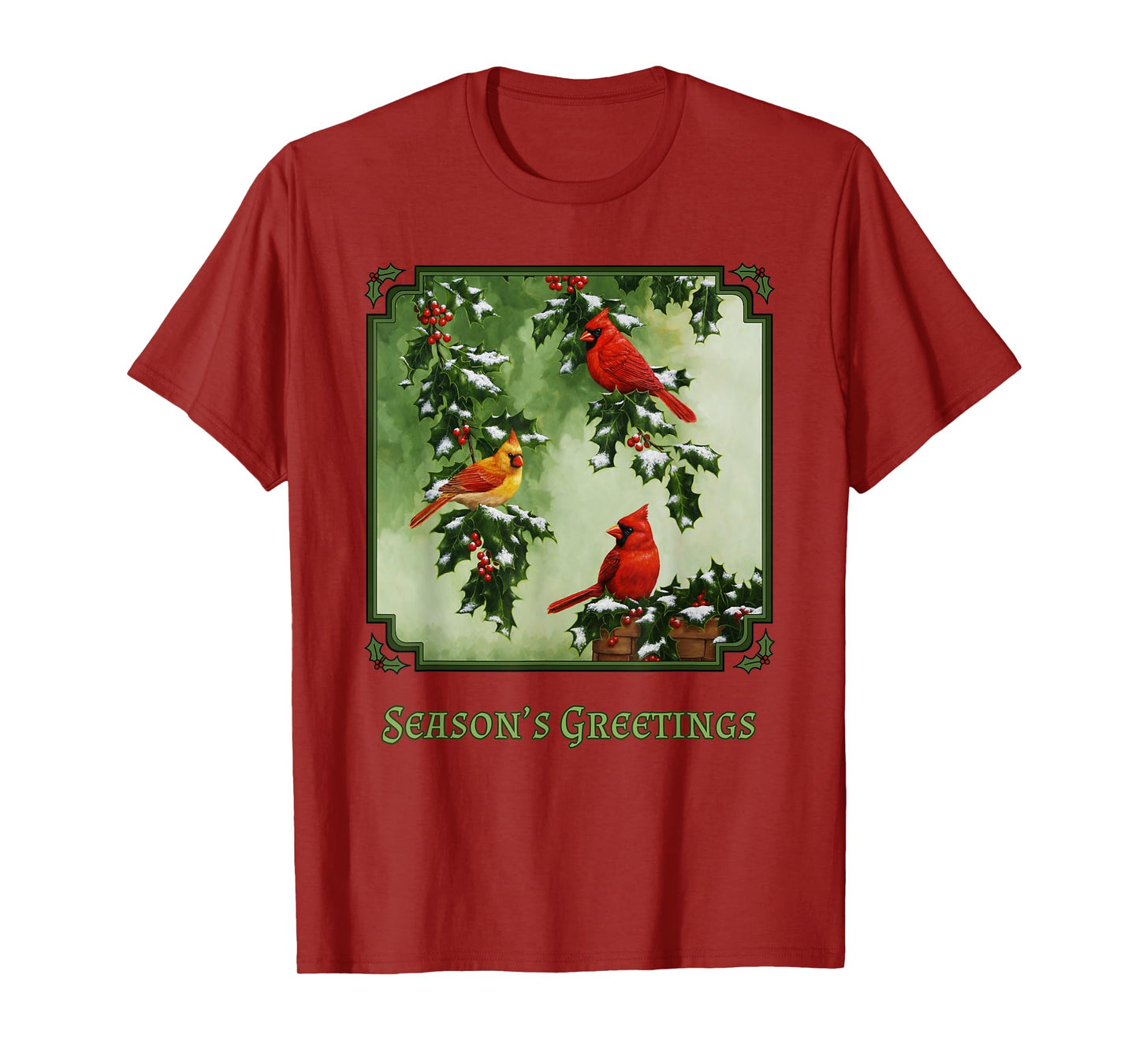 Red Cardinal Birds Christmas Holly Berries Leaves Snow T-Shirt
