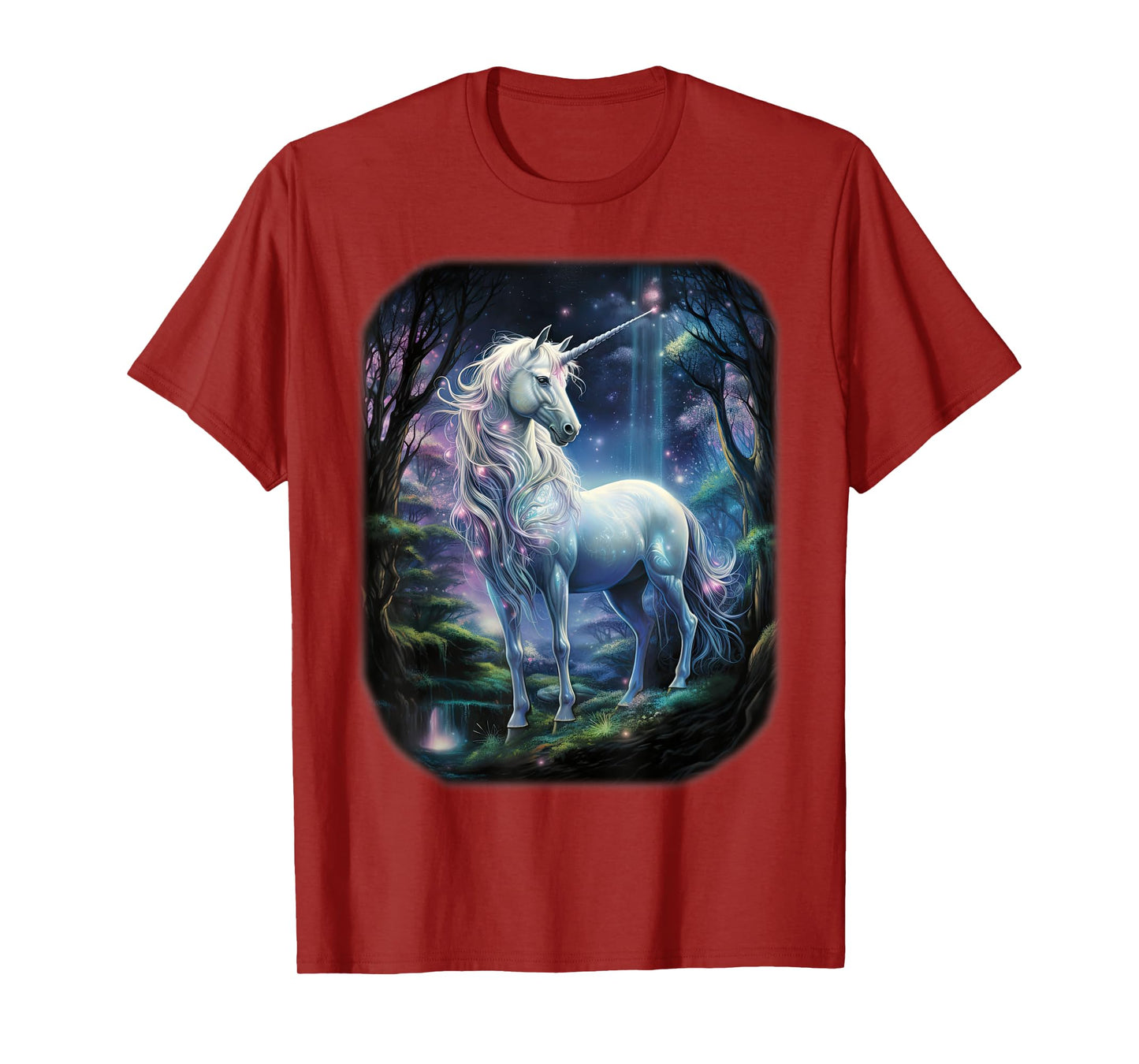 Fantasy white Unicorn standing in forest universe. T-Shirt