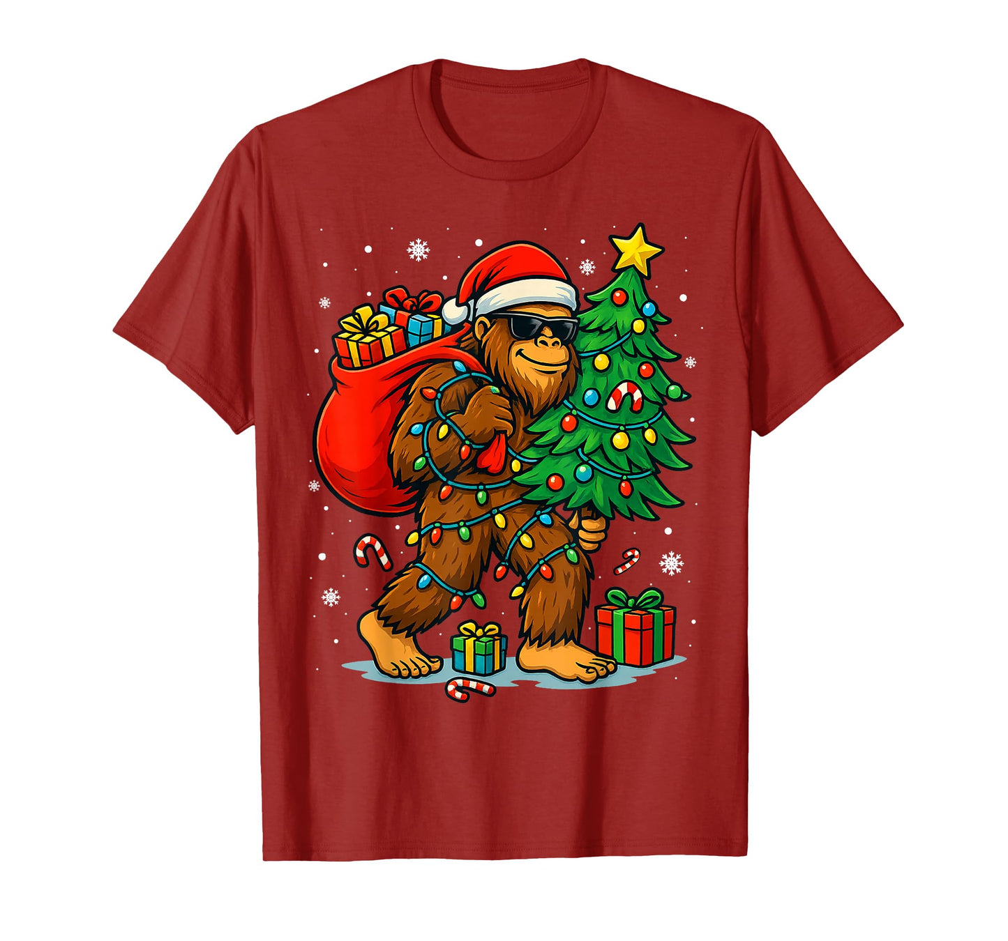 Santa Bigfoot Christmas Tree Lights Xmas Boys Men Sasquatch T-Shirt