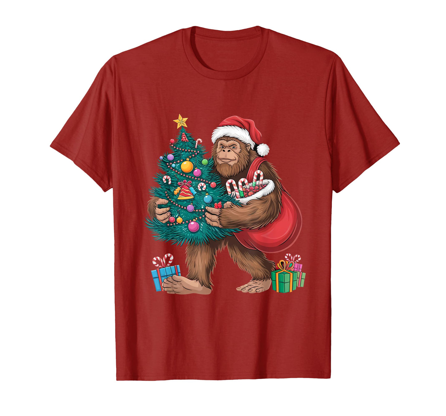 Santa Bigfoot Christmas Tree Lights Xmas Sasquatch Lovers T-Shirt