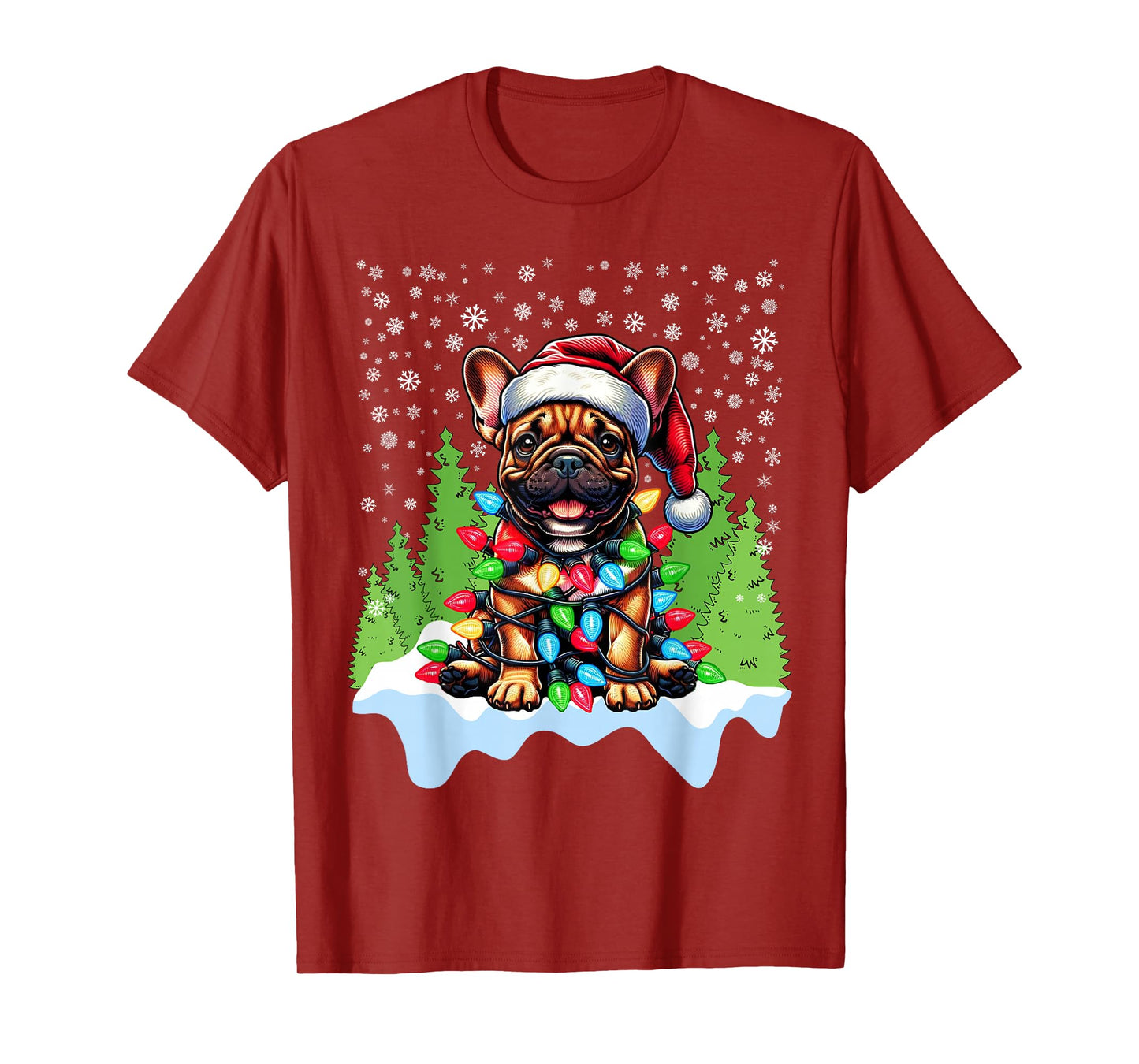 French Bulldog Christmas Santa Hat Lights Tree Snowflakes T-Shirt