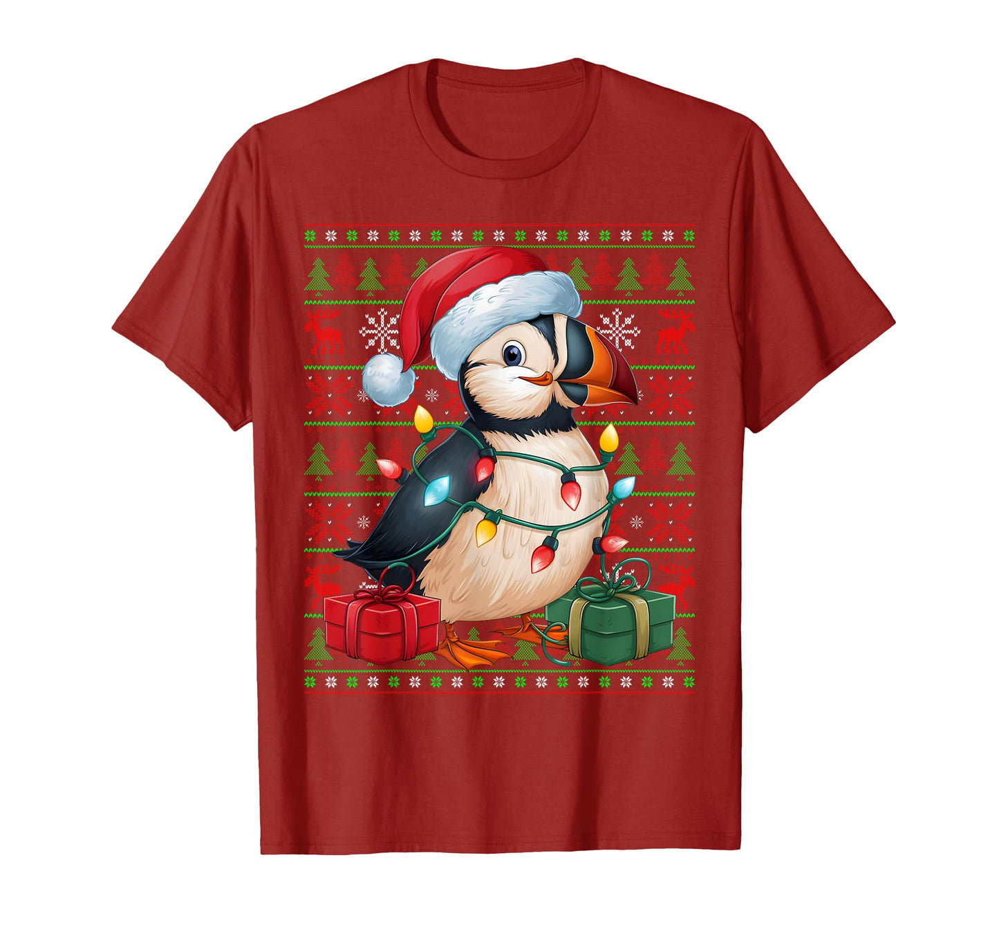 Puffin Bird Xmas Lights Ugly Santa Hat Puffin Christmas T-Shirt