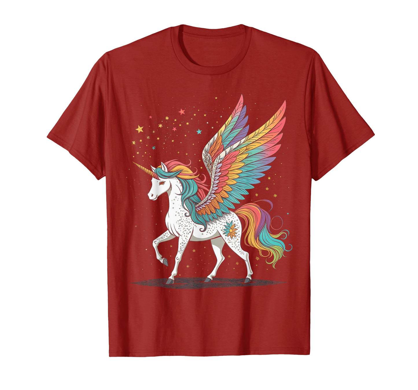 Magical Rainbow Unicorn with Wings Black Background Art T-Shirt
