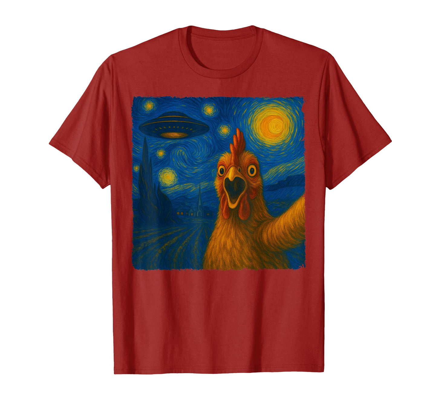 Chicken Selfie with UFO Starry Night Van Gogh Men Women Kid T-Shirt