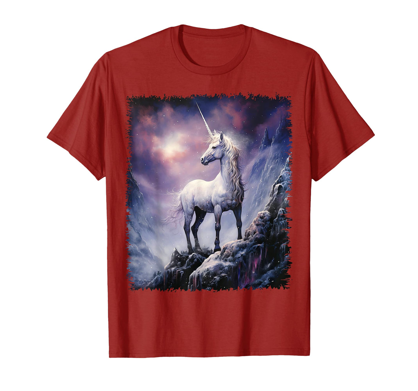 Fantasy white Unicorn standing on the snowy hill T-Shirt
