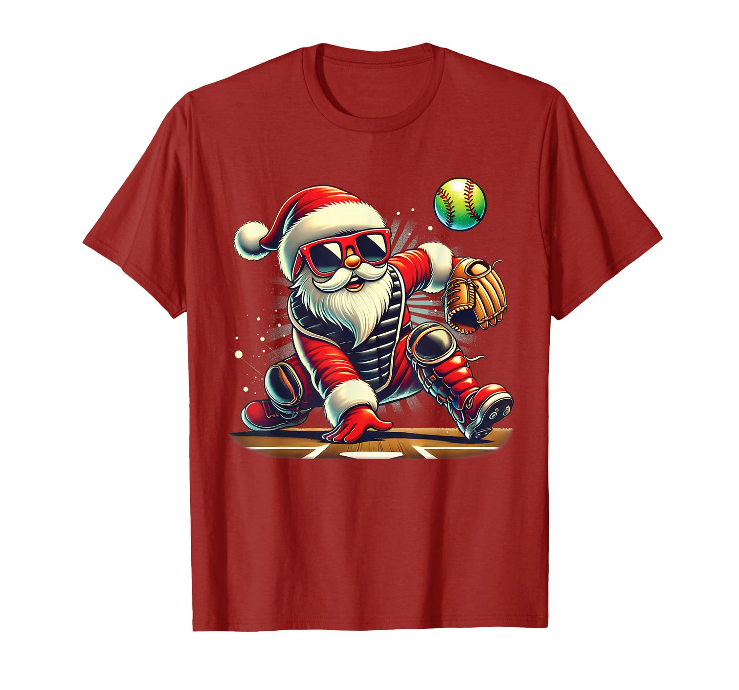 Santa Playing softball Catcher Girls kids funny Christmas T-Shirt