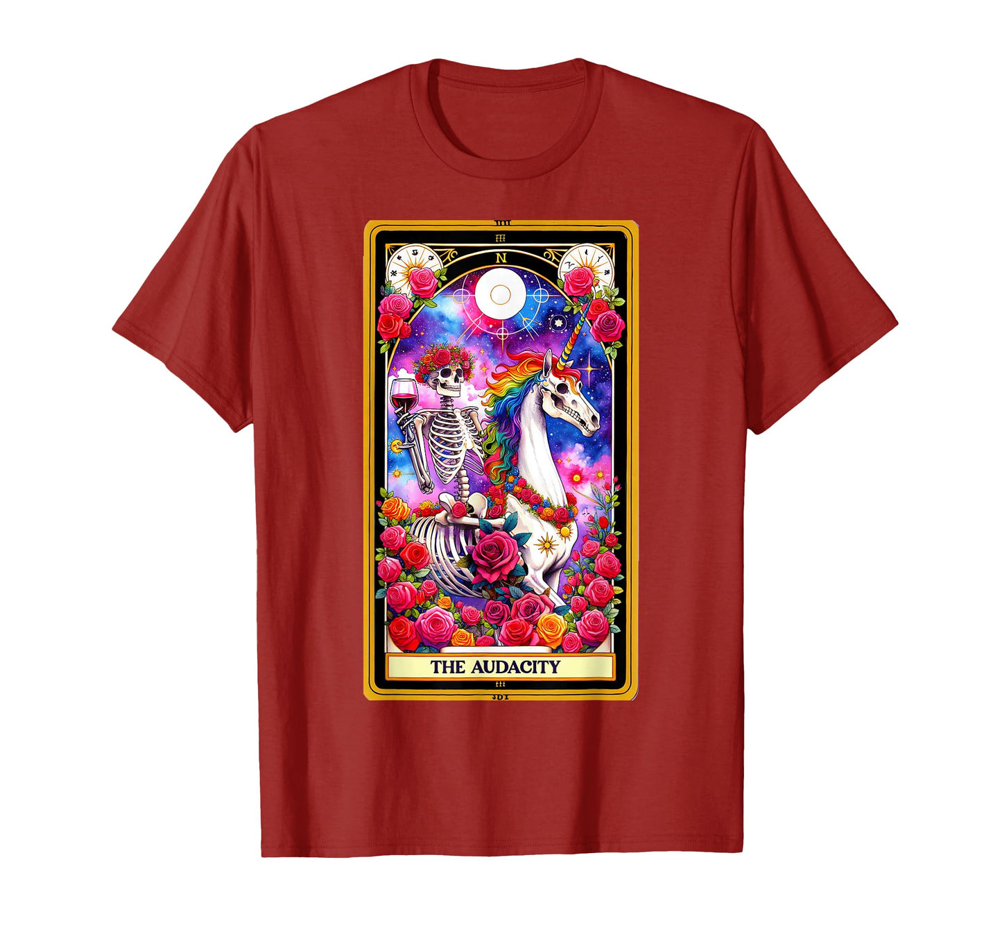 The Audacity Tarot Card Skeleton Skelly Unicorn Wine Women T-Shirt