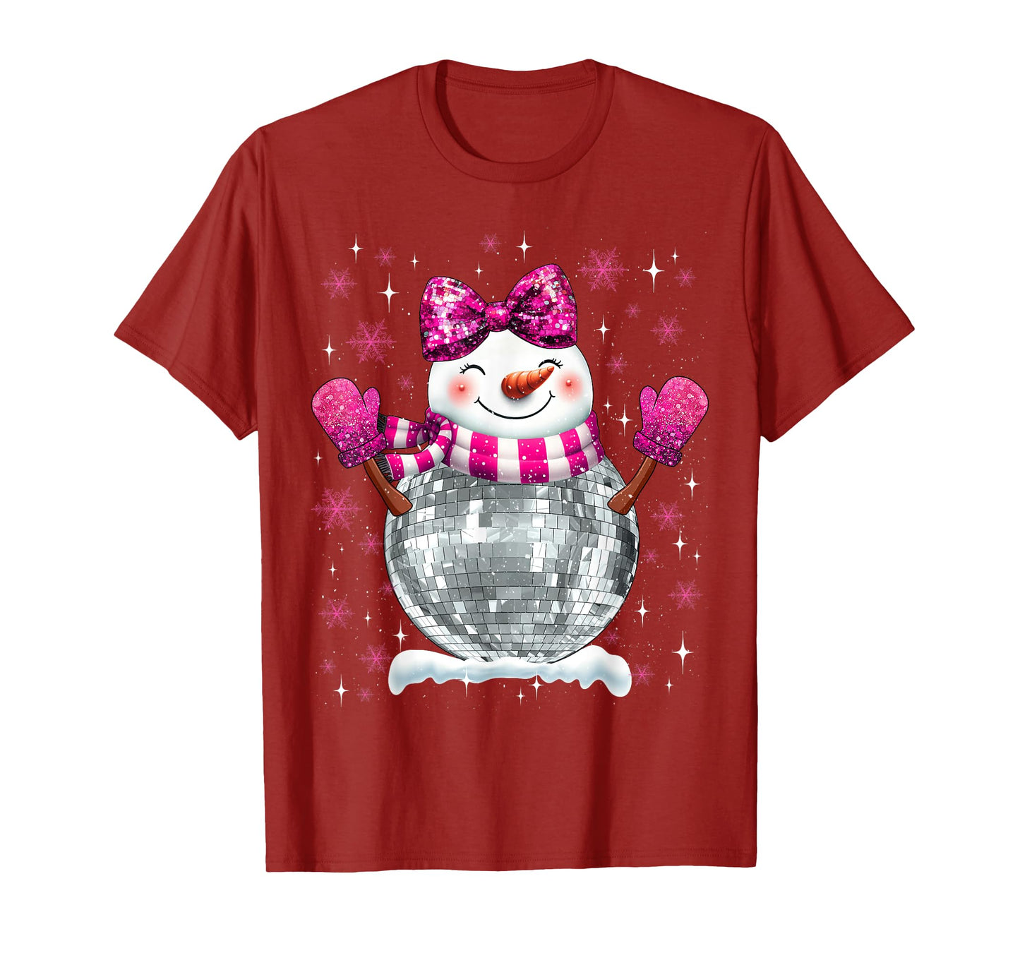 Cute Snowman Disco Ball Christmas Coquette Bow Women Girls T-Shirt