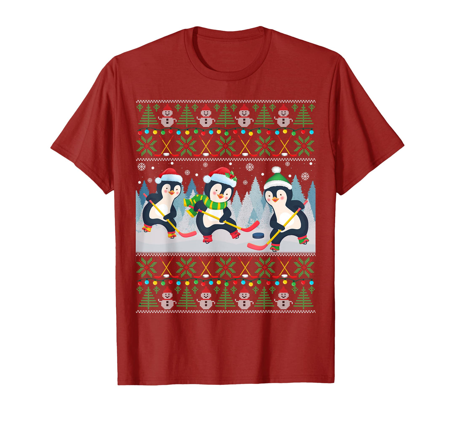 Penguin Playing Hockey Ugly Christmas Sweater Penguin Santa T-Shirt