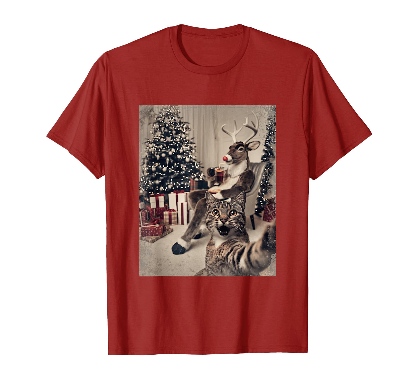 Funny Xmas Cat Selfie Reindeer Ugly Sweater Christmas Outfit T-Shirt