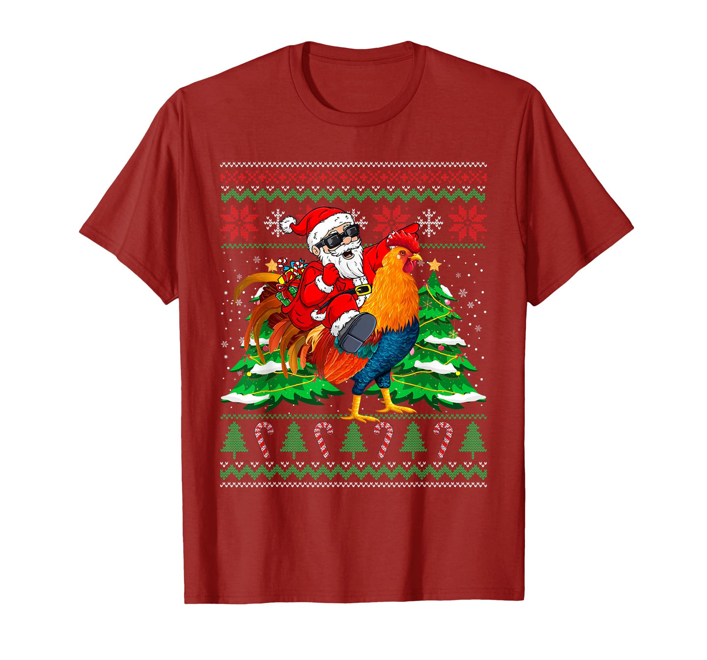 Santa With Rooster Christmas Tree Farmer Ugly Xmas Sweater T-Shirt