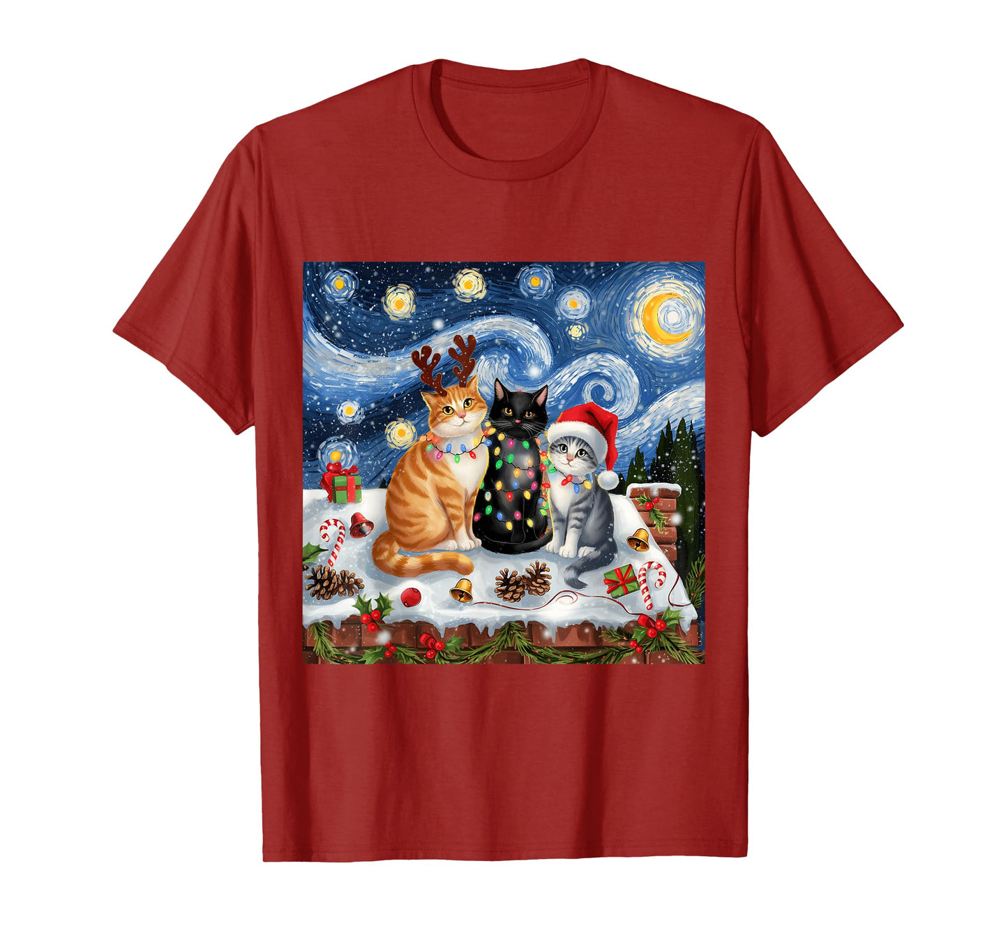 Christmas Van Gogh Starry Night Black Cat Santa Funny Xmas T-Shirt