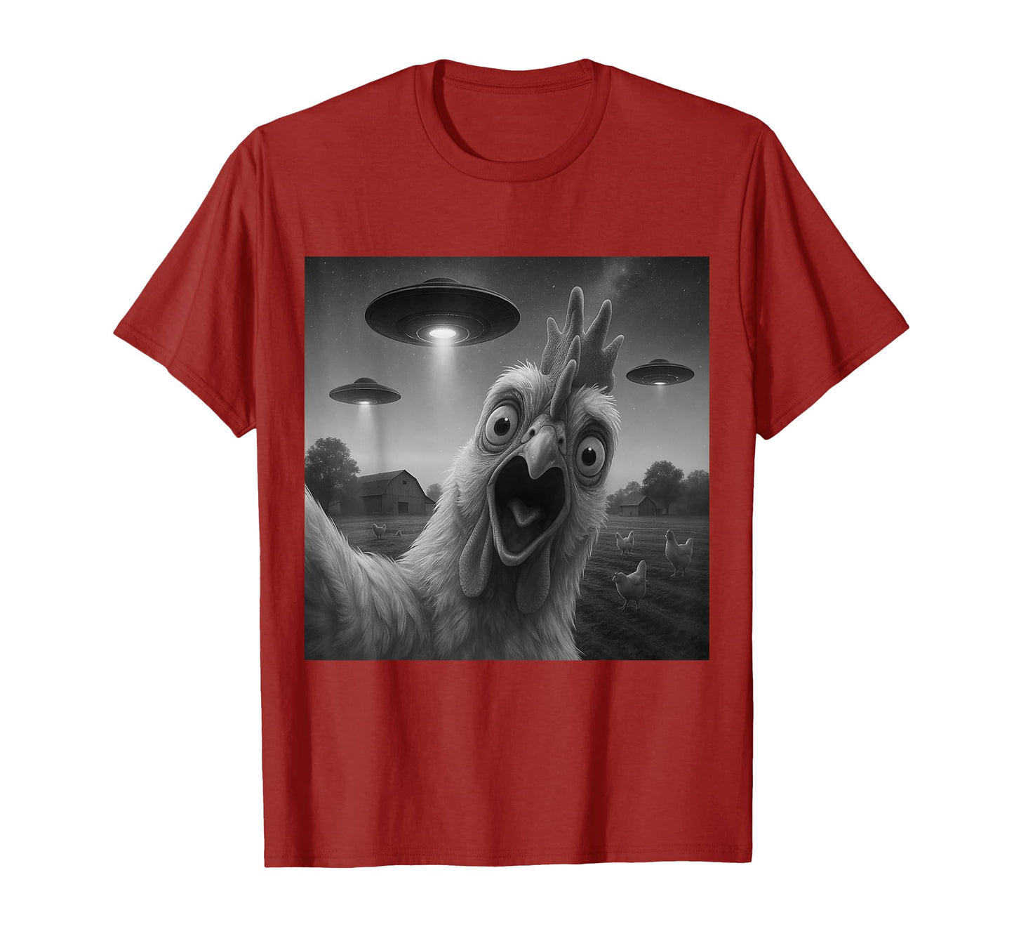 Chicken Rooster Funny Selfie Chicken with UFOs Weird Aliens T-Shirt