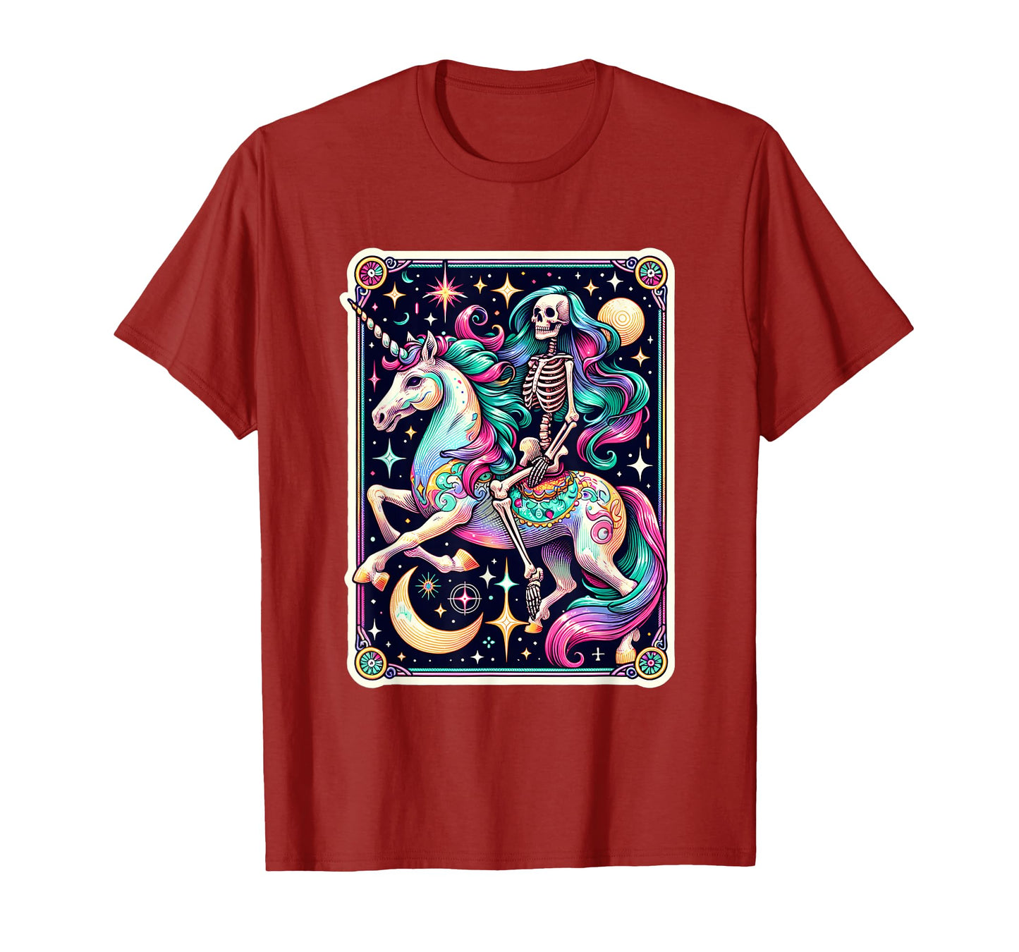 Skeleton Riding Unicorn Tarot Card Celestial Fantasy Art T-Shirt