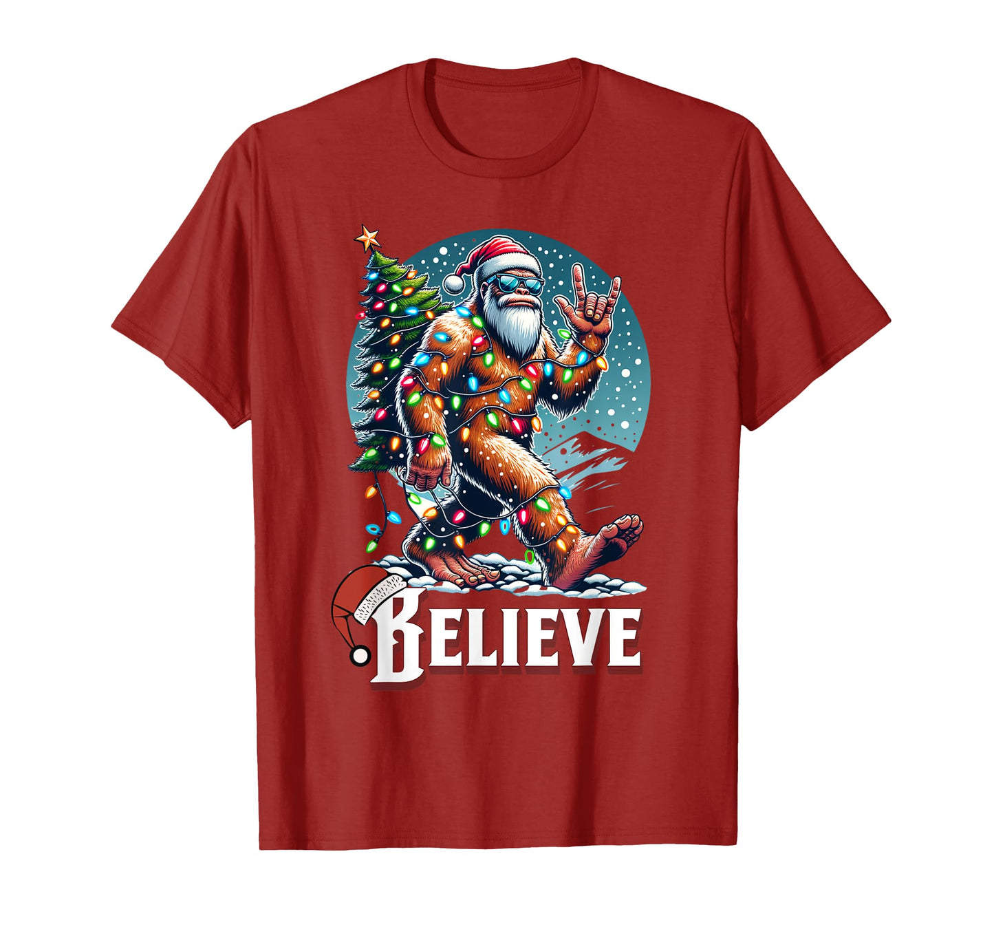 Santa Bigfoot Christmas Lights Funny Sasquatch Believe Xmas T-Shirt