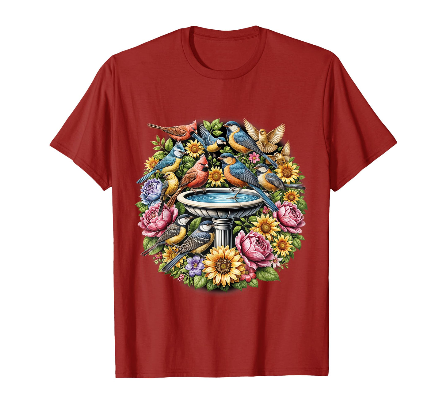 Birds Spring Flowers Shirt Water Fountain Birdwatcher Birder T-Shirt