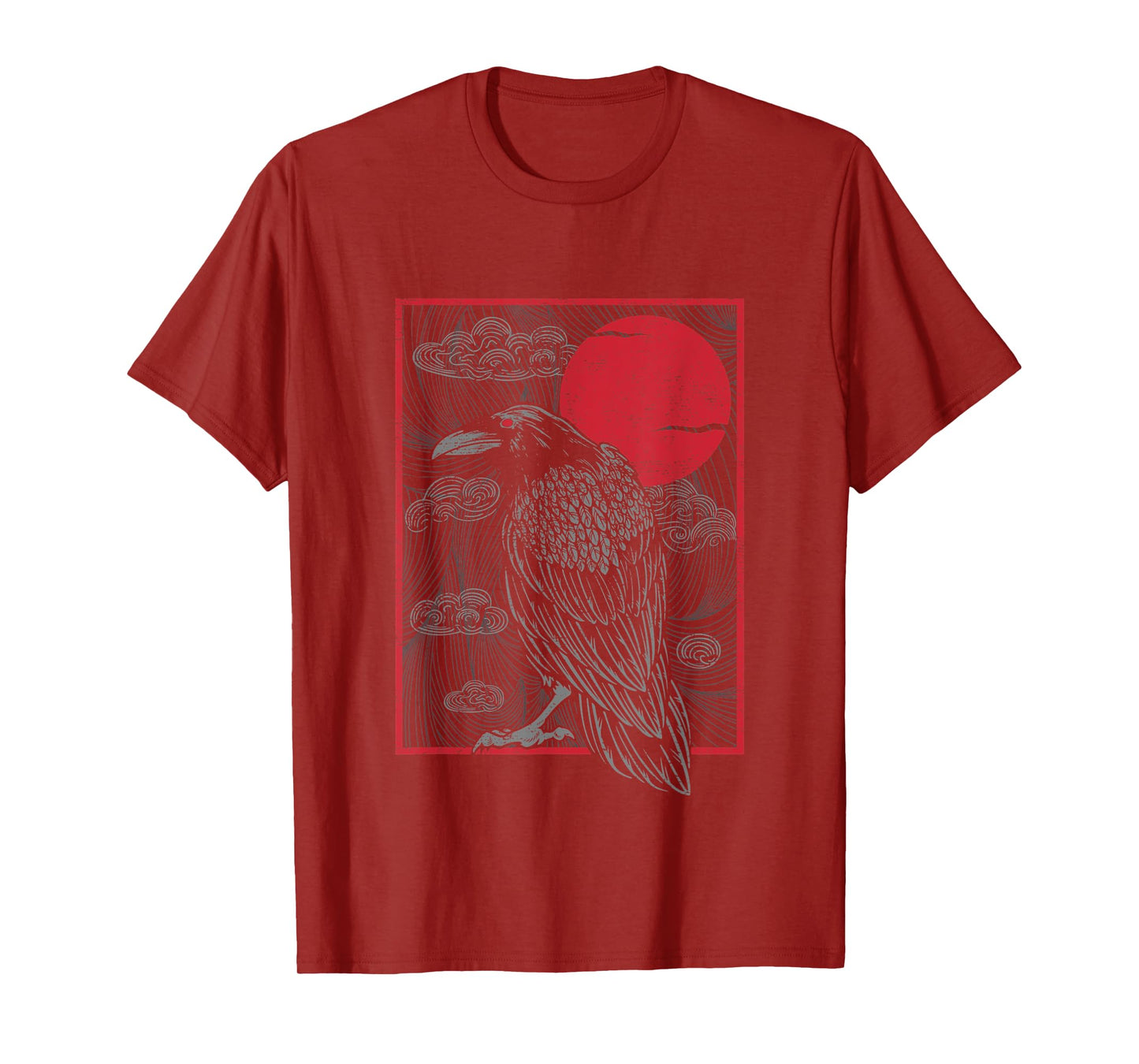 Japanese Red Moon Raven Gothic Style Black Crow Graphic T-Shirt