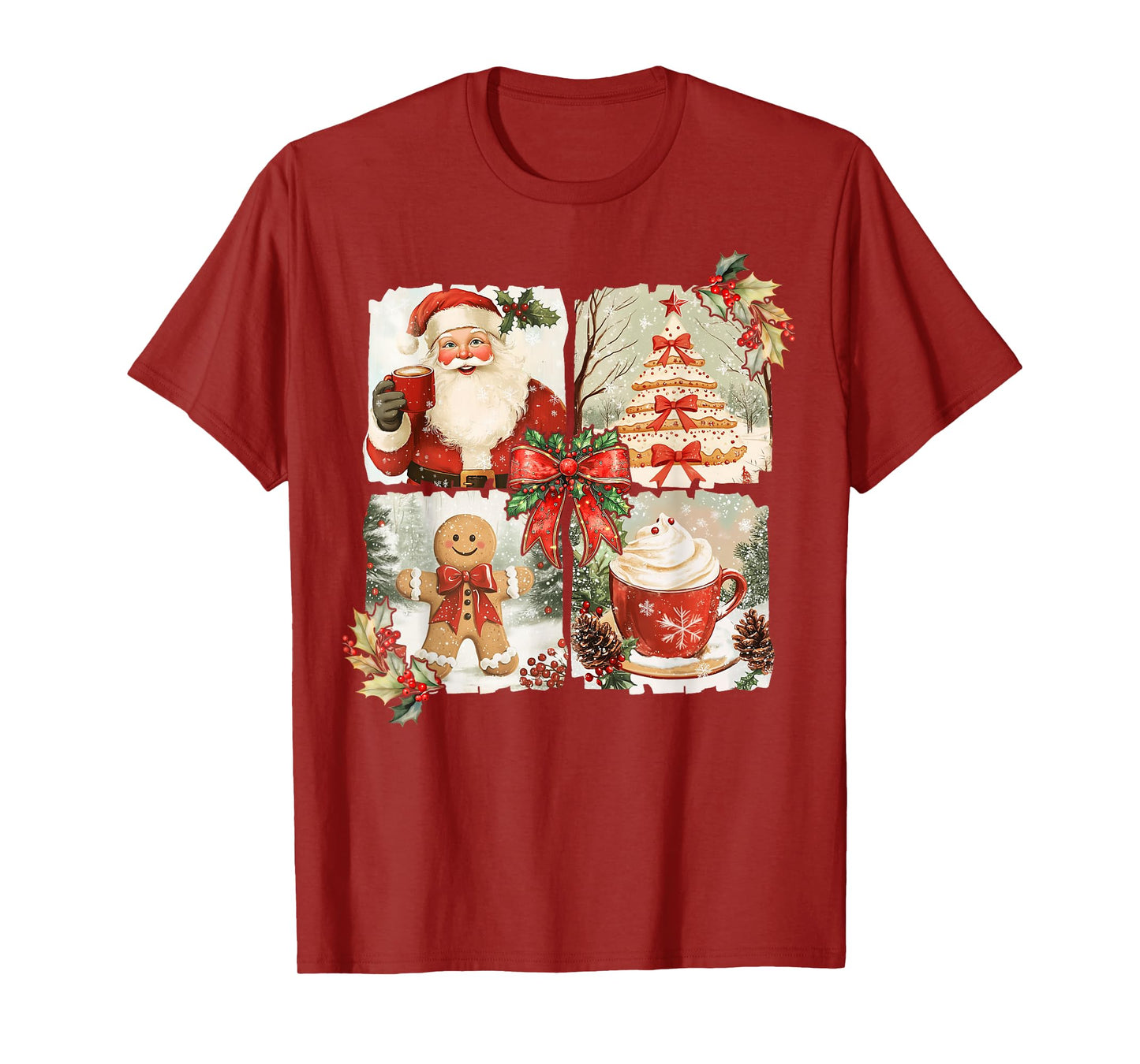 Vintage Coquette Bow Santa Gingerbread Christmas Tree Xmas T-Shirt