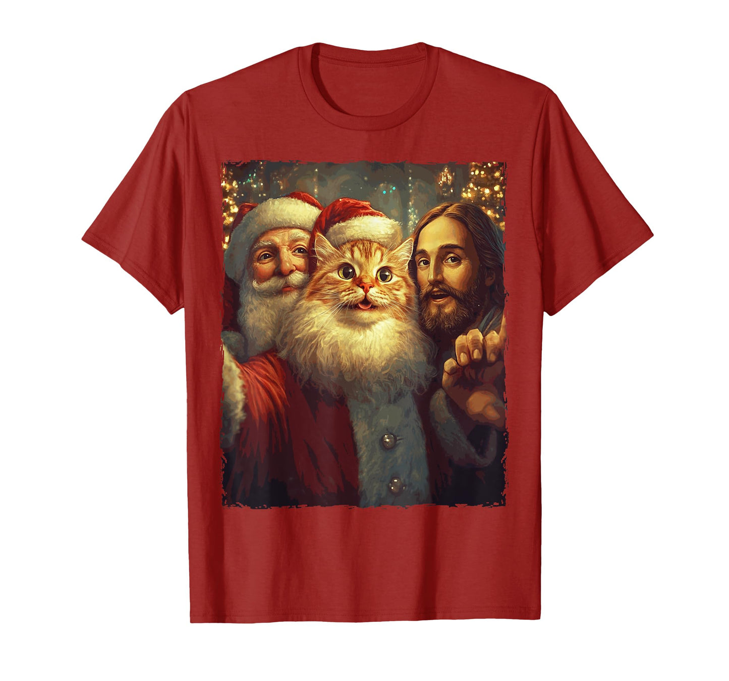 Funny Cat Selfie Santa Jesus Xmas Christmas Men Women Kids T-Shirt