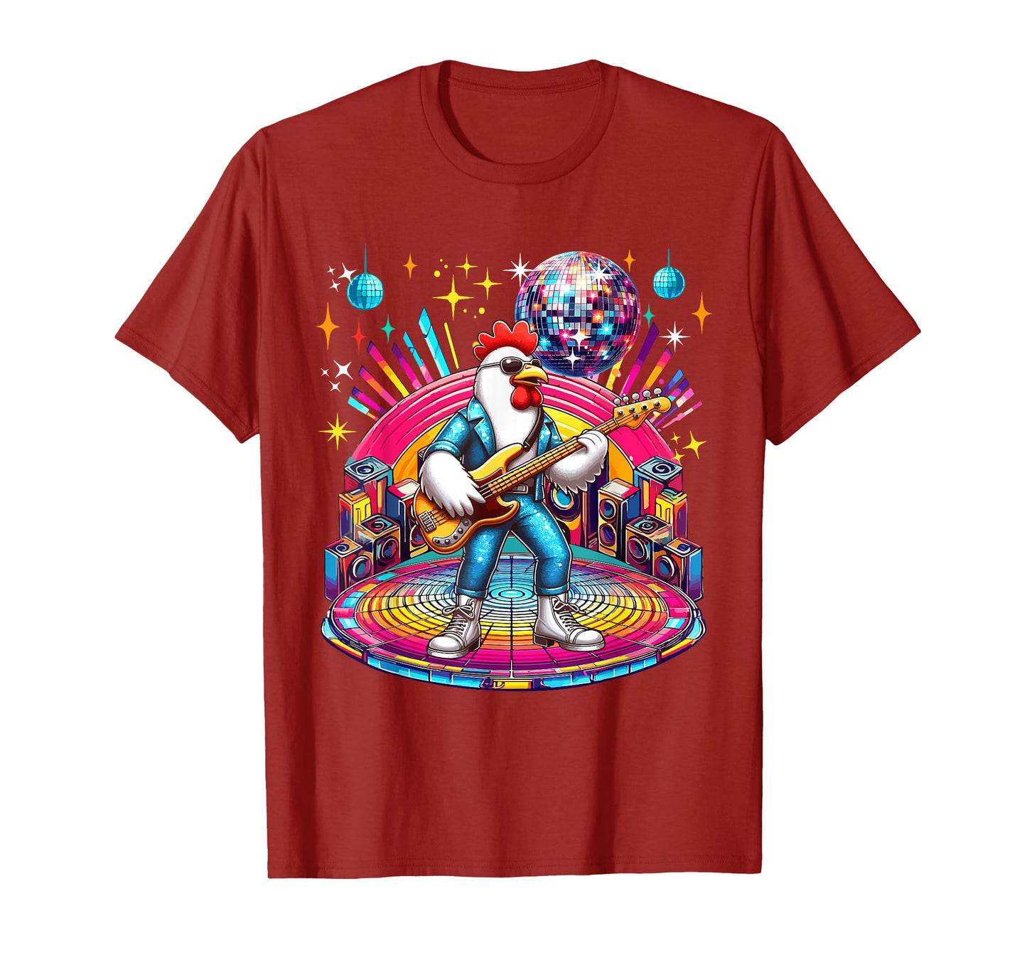 Chicken Sunglasses Playing Guitar Colorful Costume Disco T-Shirt