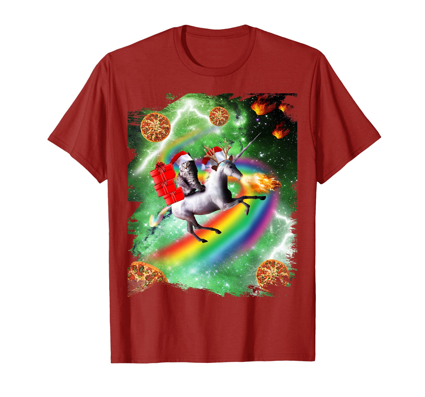 Christmas Cat Santa Riding Unicorn, Space Pizza Funny T-Shirt for Men Women Kids