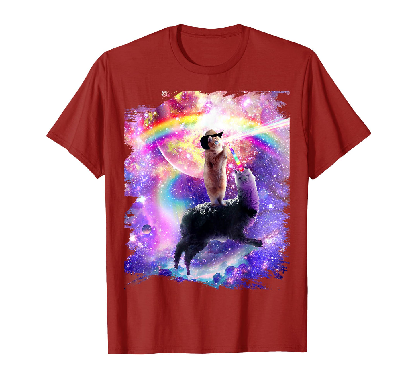 Laser Galaxy Space Cat on Rainbow Llama Unicorn T-Shirt for Men Women Girls Kids