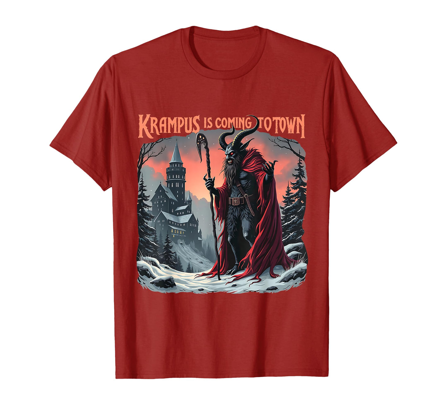Merry Christmas Krampus Is Coming To Town Unisex-Adult Horror Graphic T-Shirt - Black, Short Sleeve, Crew Neck, Small