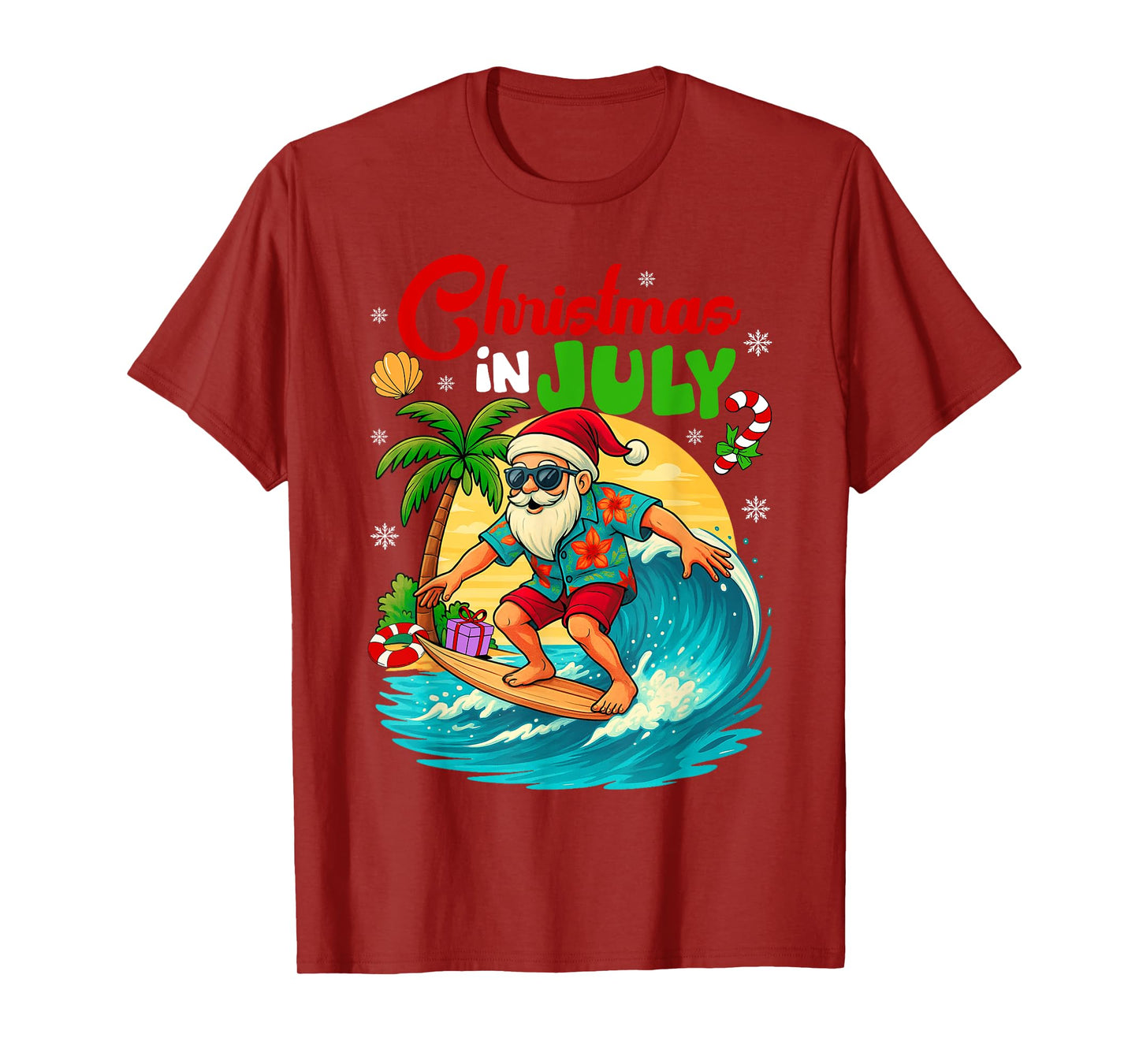 Christmas In July Hawaii Santa Surfing Summer Beach Vacation T-Shirt