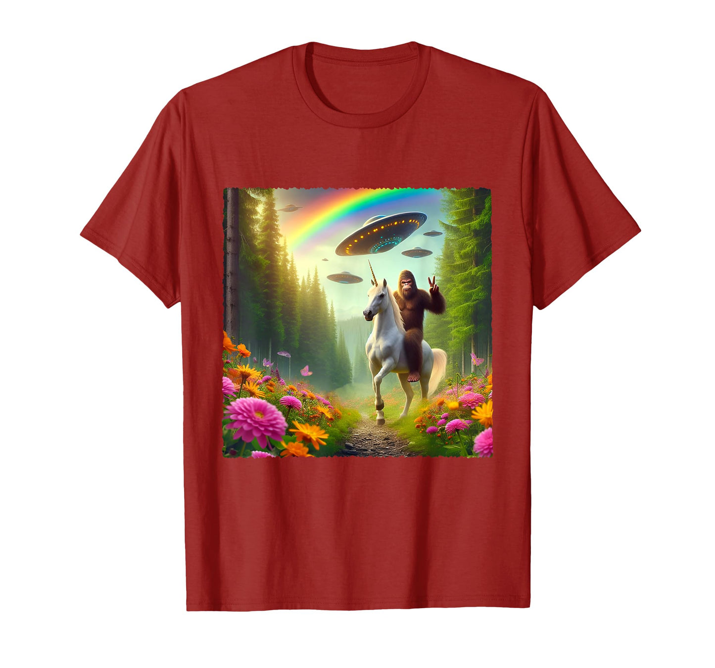 Bigfoot Riding Unicorn Bigfoot Selfie with UFOs Weird Selfie T-Shirt