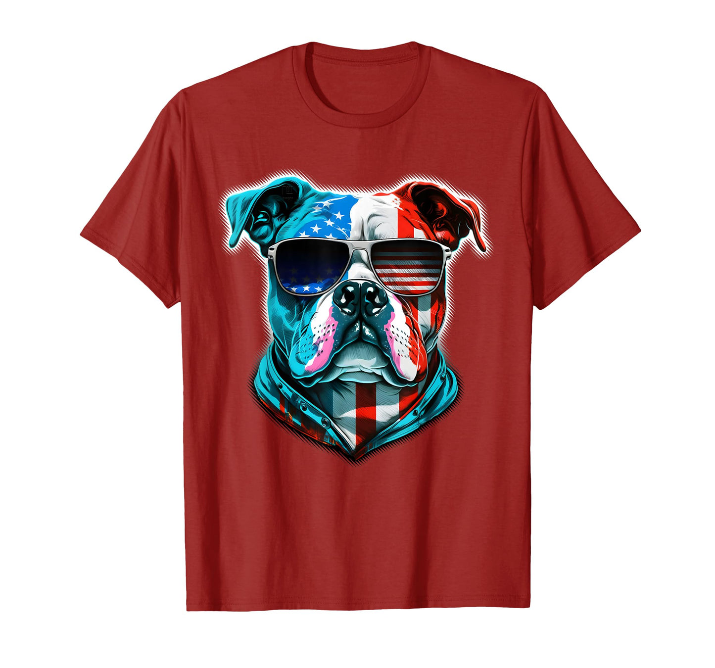 Bulldog Dog Red White Blue American Flag Sunglasses T-Shirt for Women Kids Men