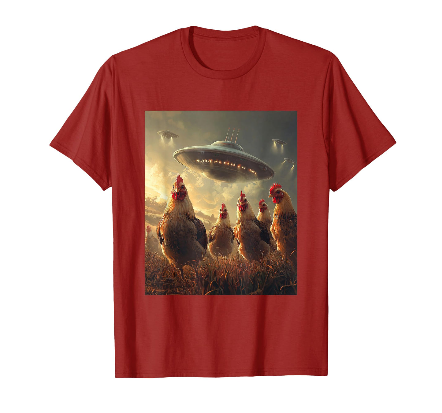 Chicken Selfie with UFOs Aliens Funny Graphic T-Shirt